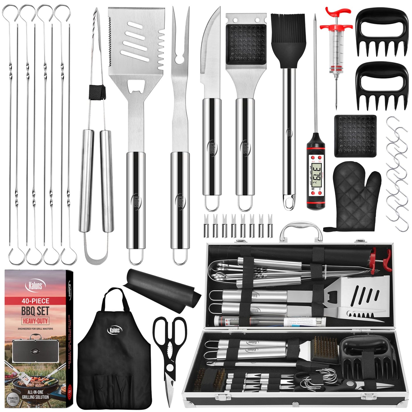 Kaluns Grilling Accessories, Dad Gifts for Fathers Day Grilling Gifts, Heavy Duty Stainless Steel BBQ Grill Tools Set for Outdoor Grill with Aluminum Case and Apron, Dad Birthday Gifts for Men Husband