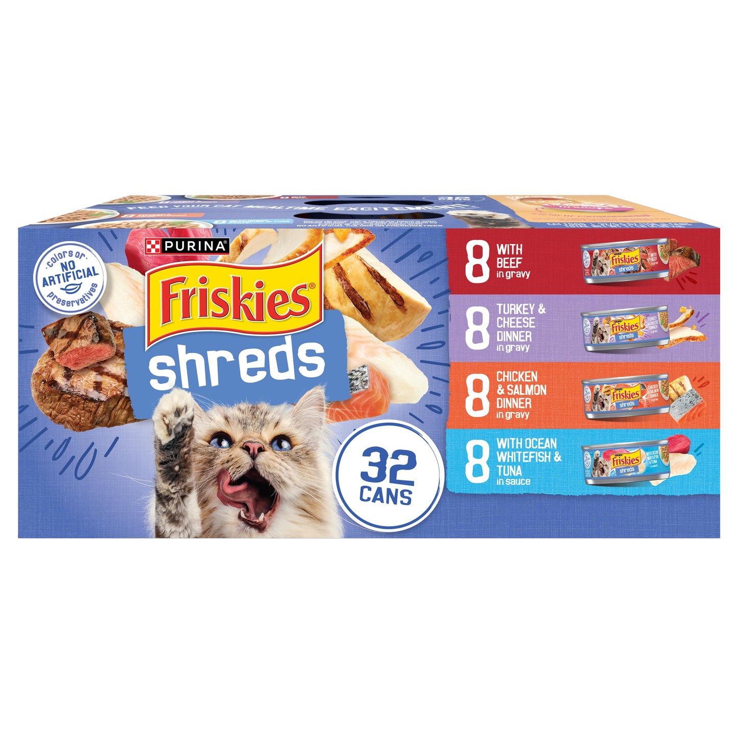 Purina Friskies Wet Cat Food Variety Pack, Shreds With Beef, Turkey and Cheese Dinner, Chicken and Salmon Dinner, and With Ocean Whitefish and Tuna - (Pack of 40) 5.5 oz. Cans