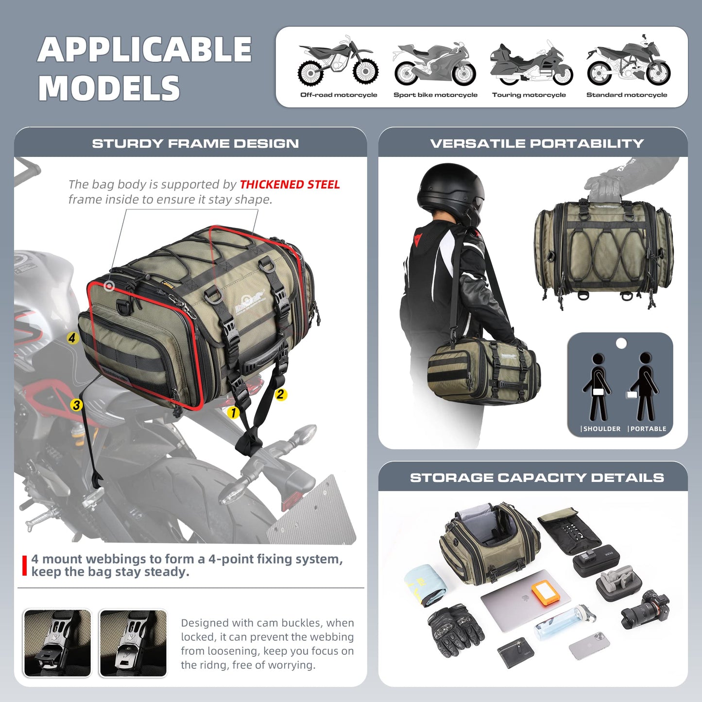 Rhinowalk Motorcycle Tail Bag, Expandable Motorcycle Travel Luggage Bags 60L, Waterproof All-Weather Trunk Rack Bag with Sissy Bar Straps & Helmet Rain Cover – Black