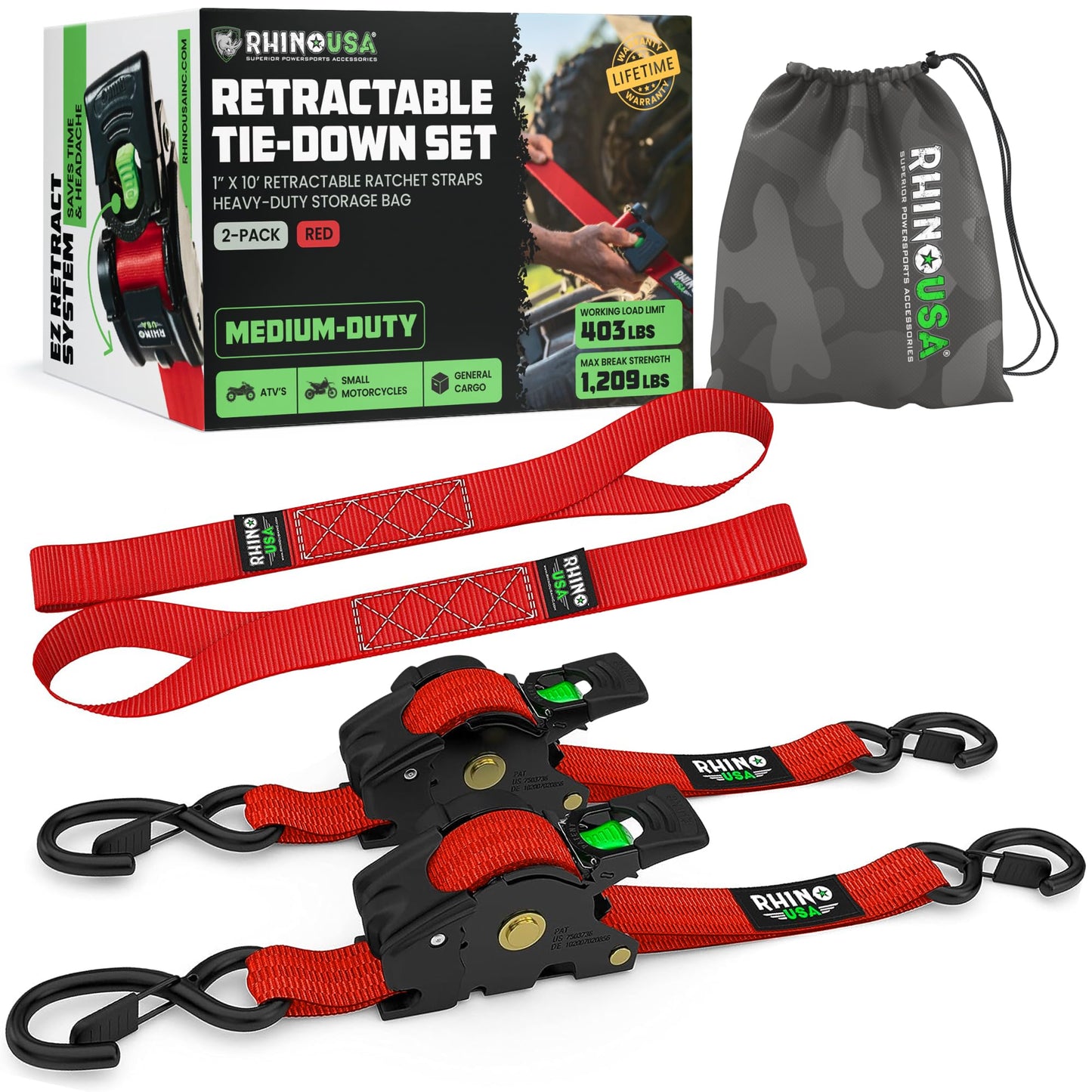 Rhino USA Retractable Ratchet Straps (4-Pack) - 1 Inch x 10 Feet (1,209lb Break Strength) - Heavy Duty Auto Self Retracting Tie Down Straps for Truck, Cargo Trailer, Motorcycle, Rad & More - Black