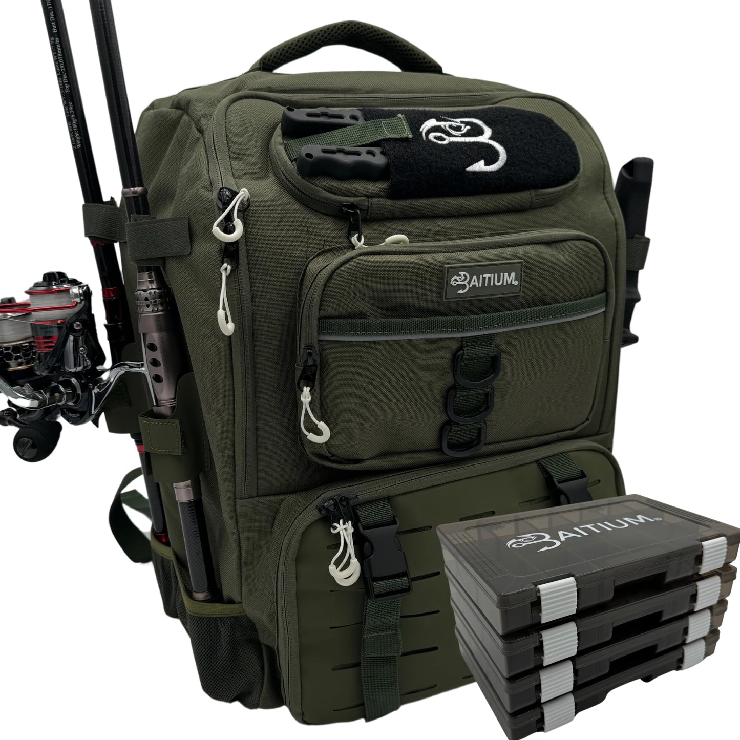 Fishing Backpack, Tackle Bag With Rod Holders, 40L Capacity With Cooler, Rain Cover, Insulated Pocket, 4 Tackle Trays Included- (Green)