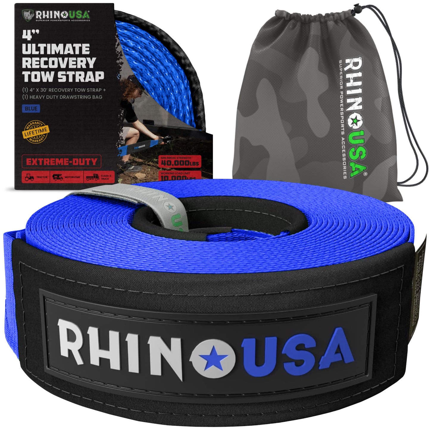 Rhino USA Recovery Tow Strap (3" x 20') - 31,518lb Break Strength - Emergency Recovery Strap Tow Rope for Truck, UTV, ATV & More - Heavy Duty Towing Strap for Offroad 4x4 Use - Compatible with Jeep