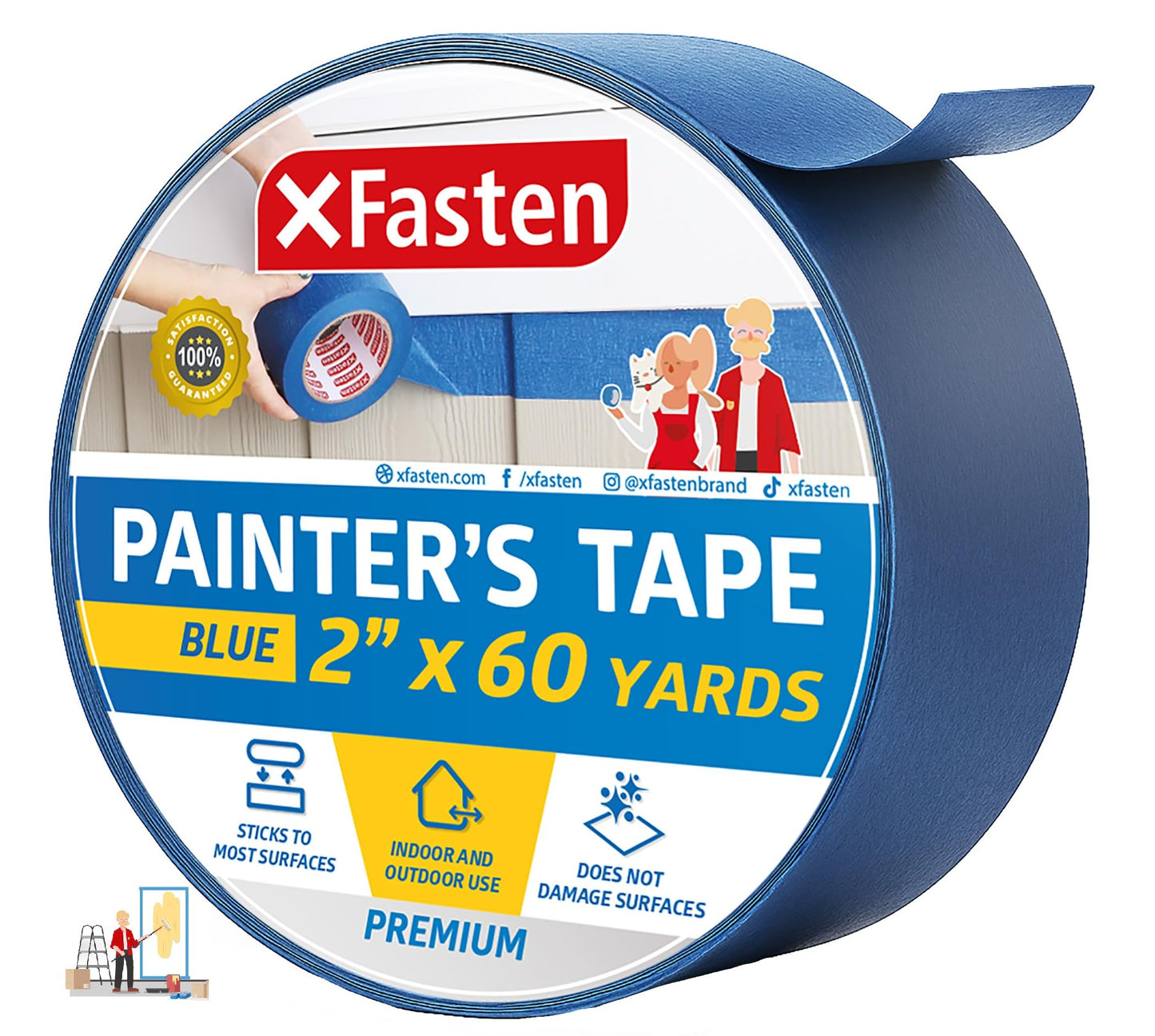 XFasten Blue Painters Tape Bulk 3-Inch x 60-Yards (12-Pack, 2160ft Total) Wall Safe Painters Tape 3 Inch Wide, Blue Masking Tape Bulk, Paint Tape for Walls, Painting, Automotive