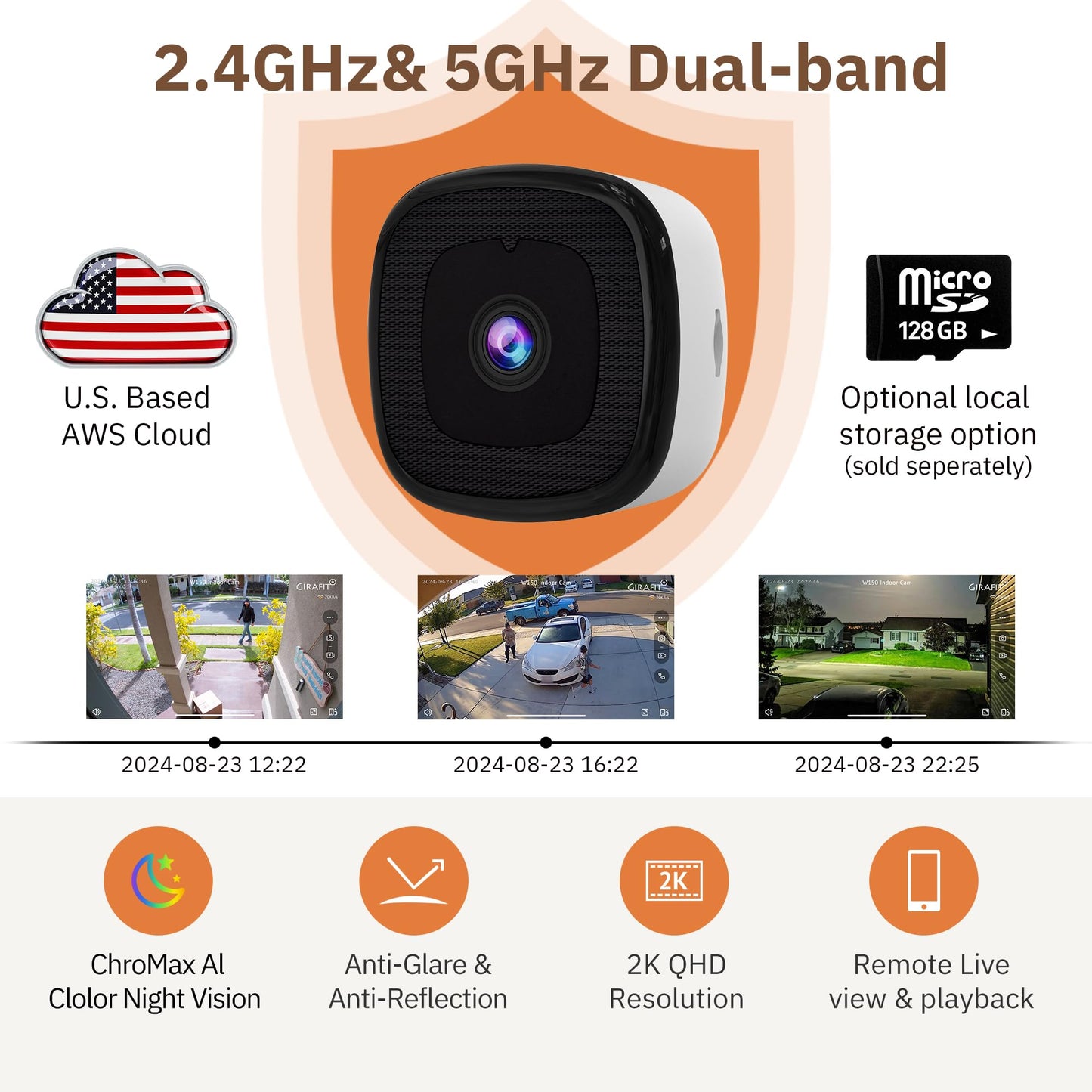 Girafit 3MP 2K Window Camera,2.4GHz & 5GHz WiFi Indoor Cameras for Home Security with ChroMax Al Color Night Vision,Person & Motion Detection,24/7 Recording,Easy & Quick Install