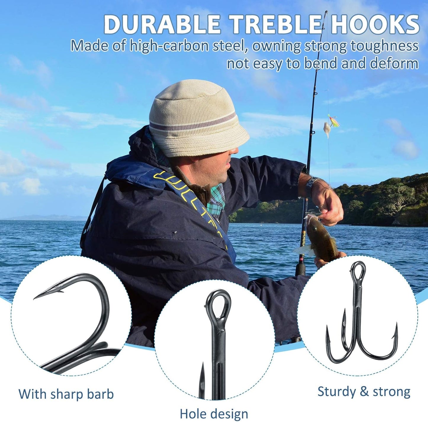 Skylety Fishing Tackle Tools 200 Pieces Split Fishing Rings with Plastic Box, 100 Pieces Treble Hooks Kit with Plastic Box, 1 Piece Lure Tackle Connector Fishing Plier and 1 Piece Fishing Lanyard