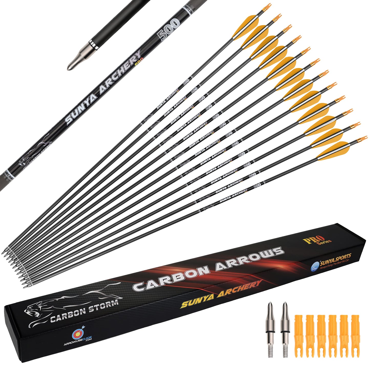 SUNYA Archery Compound Bow Arrows 12pcs Set. 30" Carbon Shaft, Spine 400 or 500 with Removable Tips