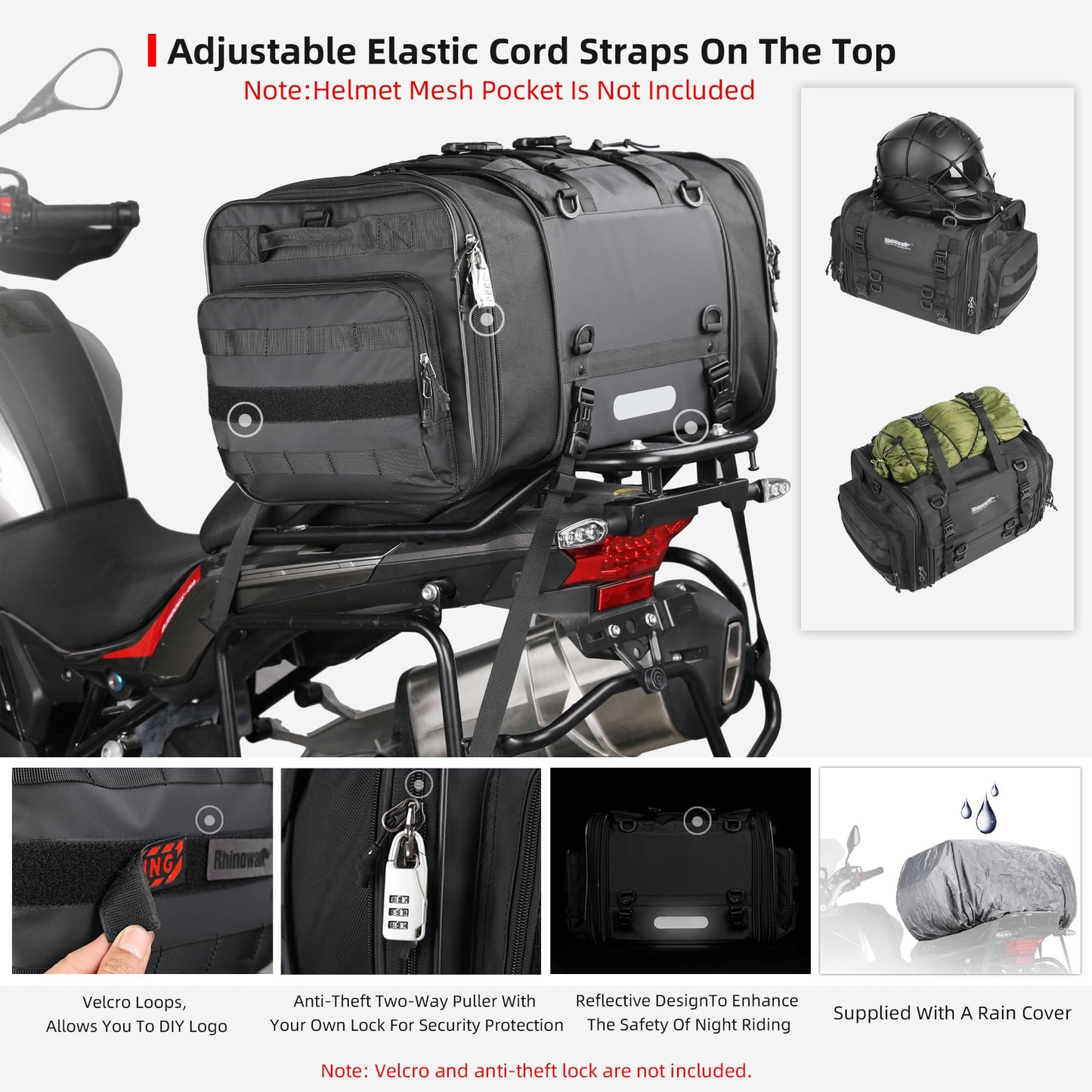 Rhinowalk Motorcycle Tail Bag, Expandable Motorcycle Travel Luggage Bags 60L, Waterproof All-Weather Trunk Rack Bag with Sissy Bar Straps & Helmet Rain Cover – Black