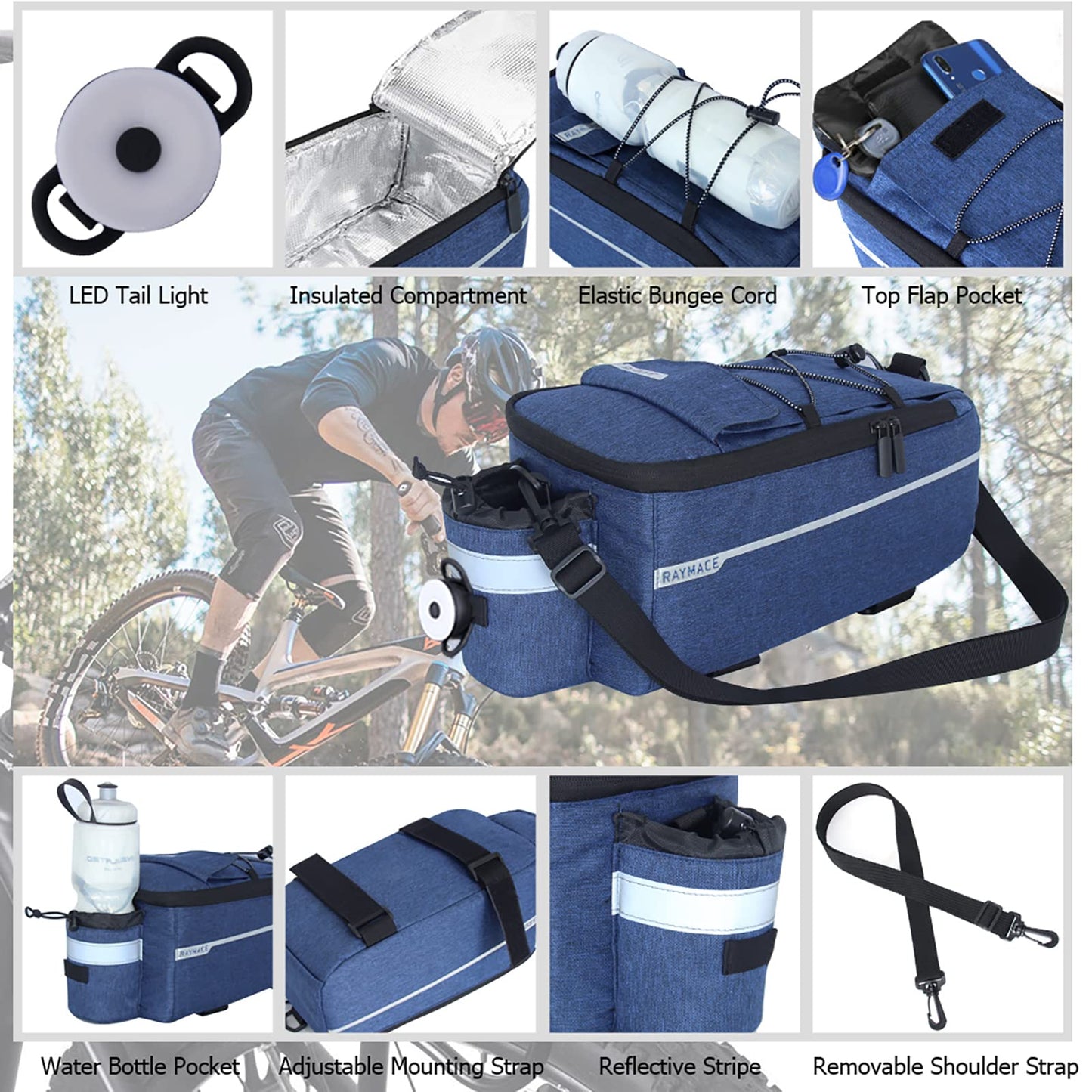 RAYMACE Bike Rear Rack Bag with Tail Light, Bike Truck Cooler Bag for Warm or Cold Items