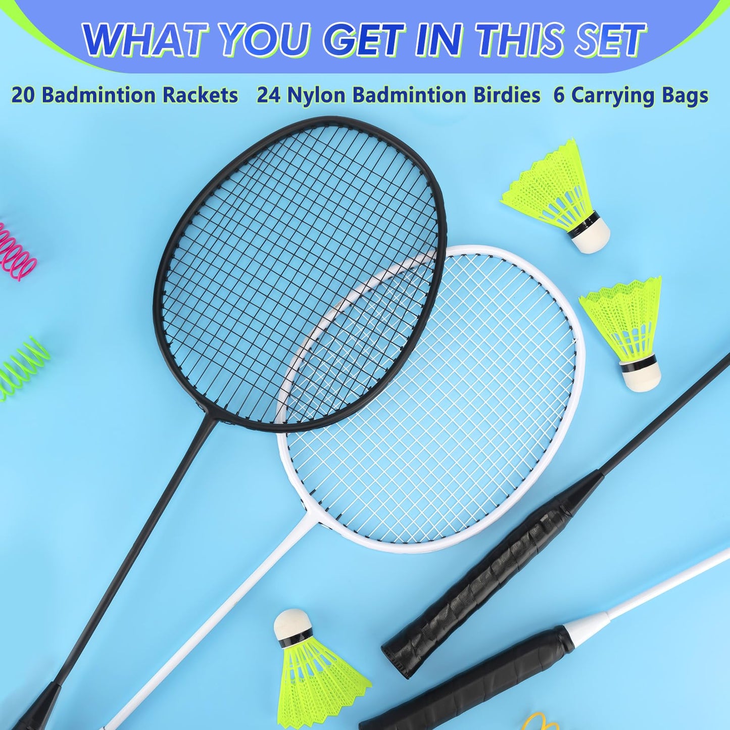 Chitidr 20 Pcs Badminton Rackets Set with 24 Shuttlecocks and 6 Carrying Bags, Sturdy Lightweight Badminton Rackets Racquet for Adults Beginners Indoor Outdoor Backyards(White, Black)
