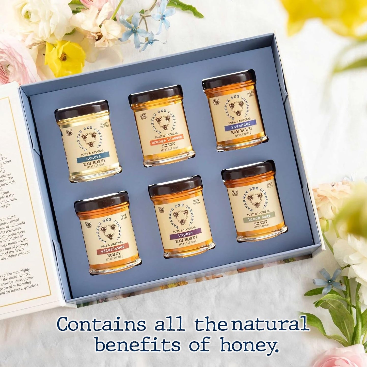 Blossom to Bottle - Honey Gift with Tupelo, Lavender, Wildflower, Black Sage, Acacia and Orange Blossom Honeys - Pure and Natural