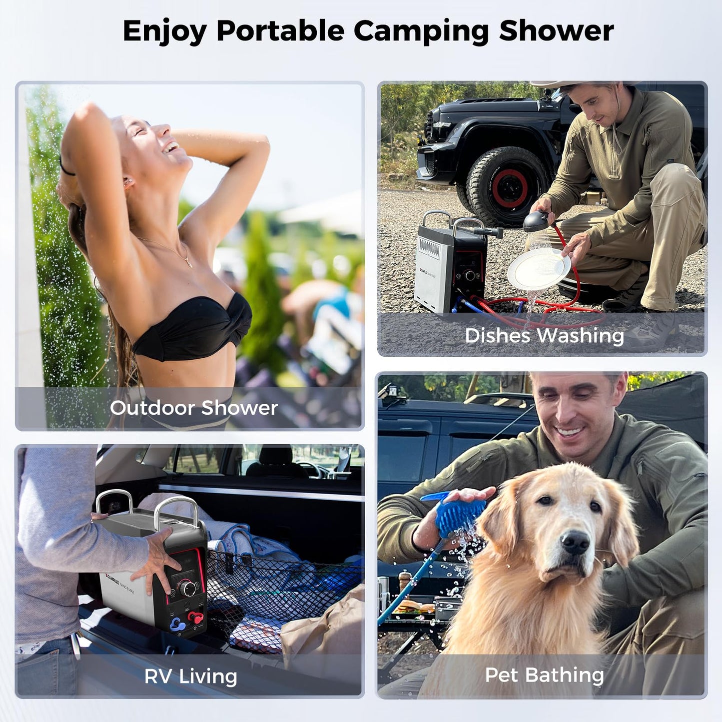 CAMPLUX Battery Powered Portable Water Heater, 1 lb On-Demand Propane Camping Shower Nano 3 Pro, On Ground Camp Water Heater & Shower Pump