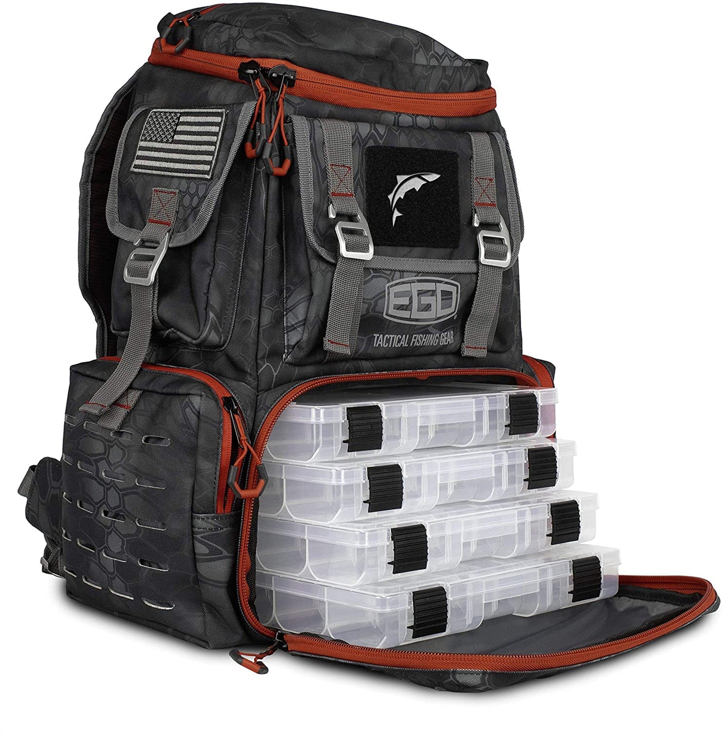 EGO Kryptek Tactical Tackle Box Backpack, Durable Fishing Tool Bag, 1000D Nylon Fabric with PVC Back, Water-Resistant, Multiple Storage Pockets, Laser-Cut Molle Loops, Includes 4 Tackle Trays