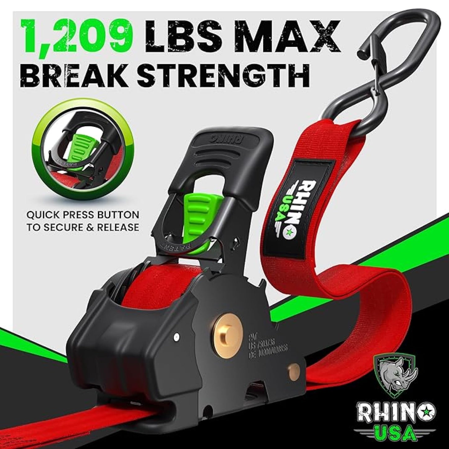 Rhino USA Retractable Ratchet Straps (4-Pack) - 1 Inch x 10 Feet (1,209lb Break Strength) - Heavy Duty Auto Self Retracting Tie Down Straps for Truck, Cargo Trailer, Motorcycle, Rad & More - Black