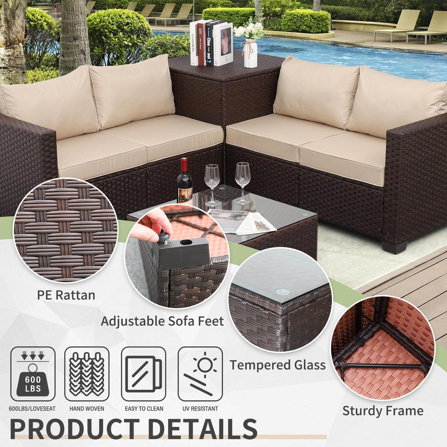 Outdoor PE Wicker Patio Furniture Set 4 Piece Black Rattan Sectional Loveseat Couch Set Conversation Sofa with Storage Box Glass Top Table and Non-Slip Grey Cushion
