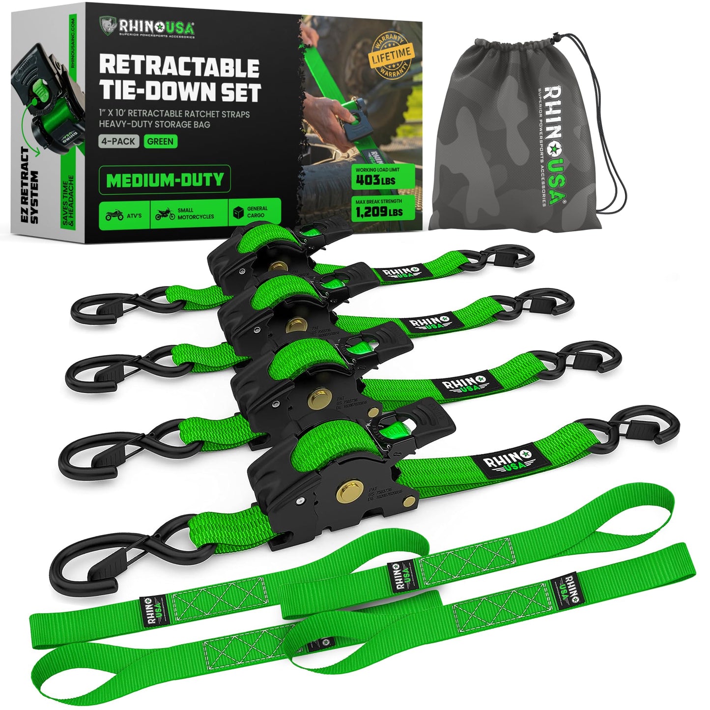 Rhino USA Retractable Ratchet Straps (4-Pack) - 1 Inch x 10 Feet (1,209lb Break Strength) - Heavy Duty Auto Self Retracting Tie Down Straps for Truck, Cargo Trailer, Motorcycle, Rad & More - Black
