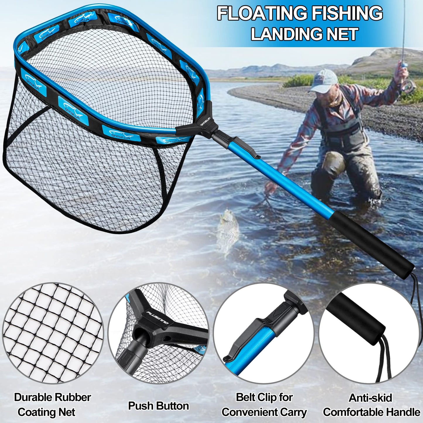 PLUSINNO Floating Fishing Net for Steelhead, Salmon, Fly, Kayak, Catfish, Bass, Trout Fishing, Rubber Coated Landing Net for Easy Catch & Release, Compact & Foldable for Easy Transportation & Storage