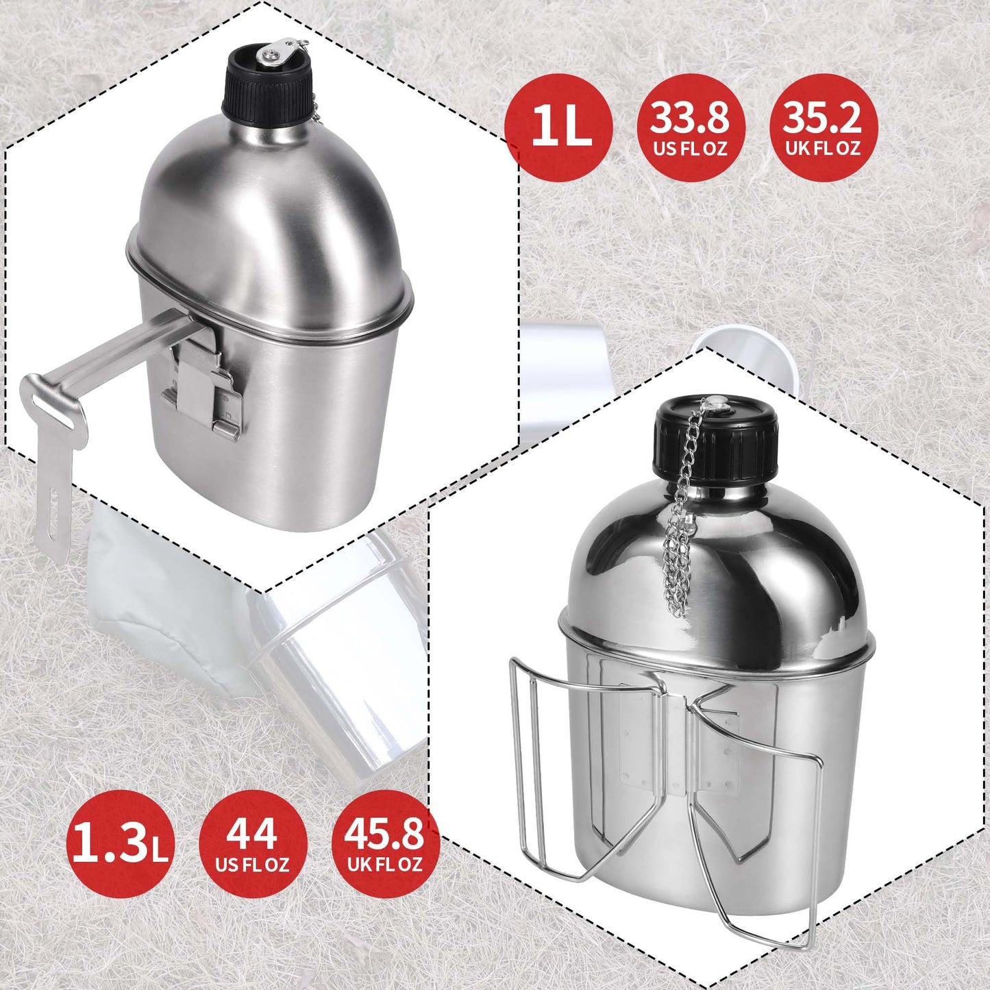 Goetland Stainless Steel WWII US Army Canteen Water Bottle Military Canteen Kit 1QT with 0.5QT Cup Nylon Pouch G.I.