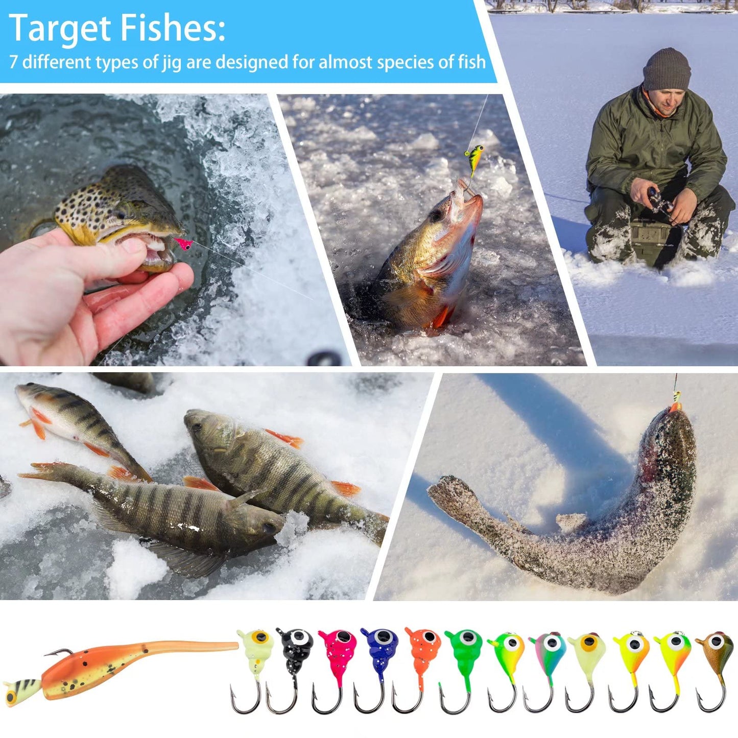 THKFISH Ice Fishing Jigs Kit Ice Fishing Lures for Walleye Perch Jigs Heads for Ice Fishing Tackle Panfish Crappie Jigs 50PCS/31PCS