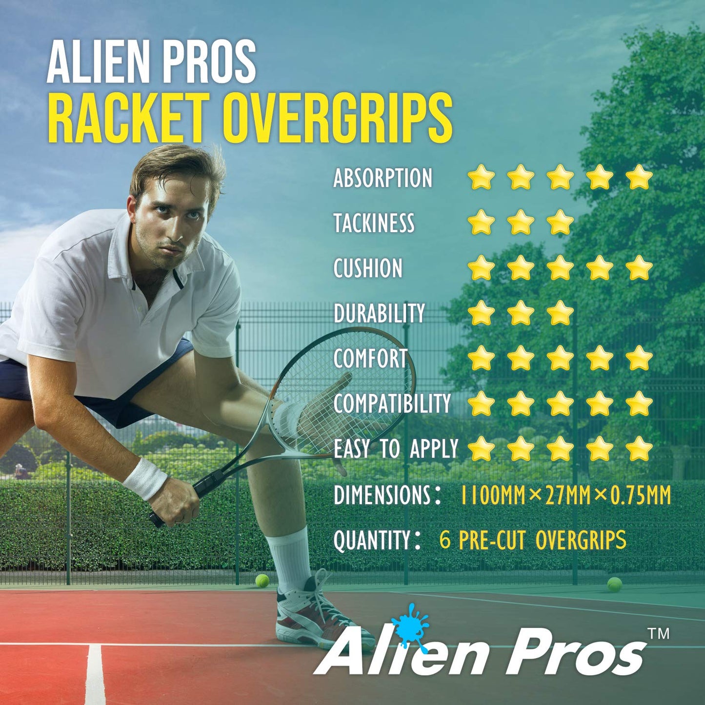 ALIEN PROS Tennis Racket Grip Tape (6 Grips) – Precut and Light Tac Feel Tennis Grip – Tennis Overgrip Grip Tape Tennis Racket – Wrap Your Racquet for High Performance (6 Grips, Black)