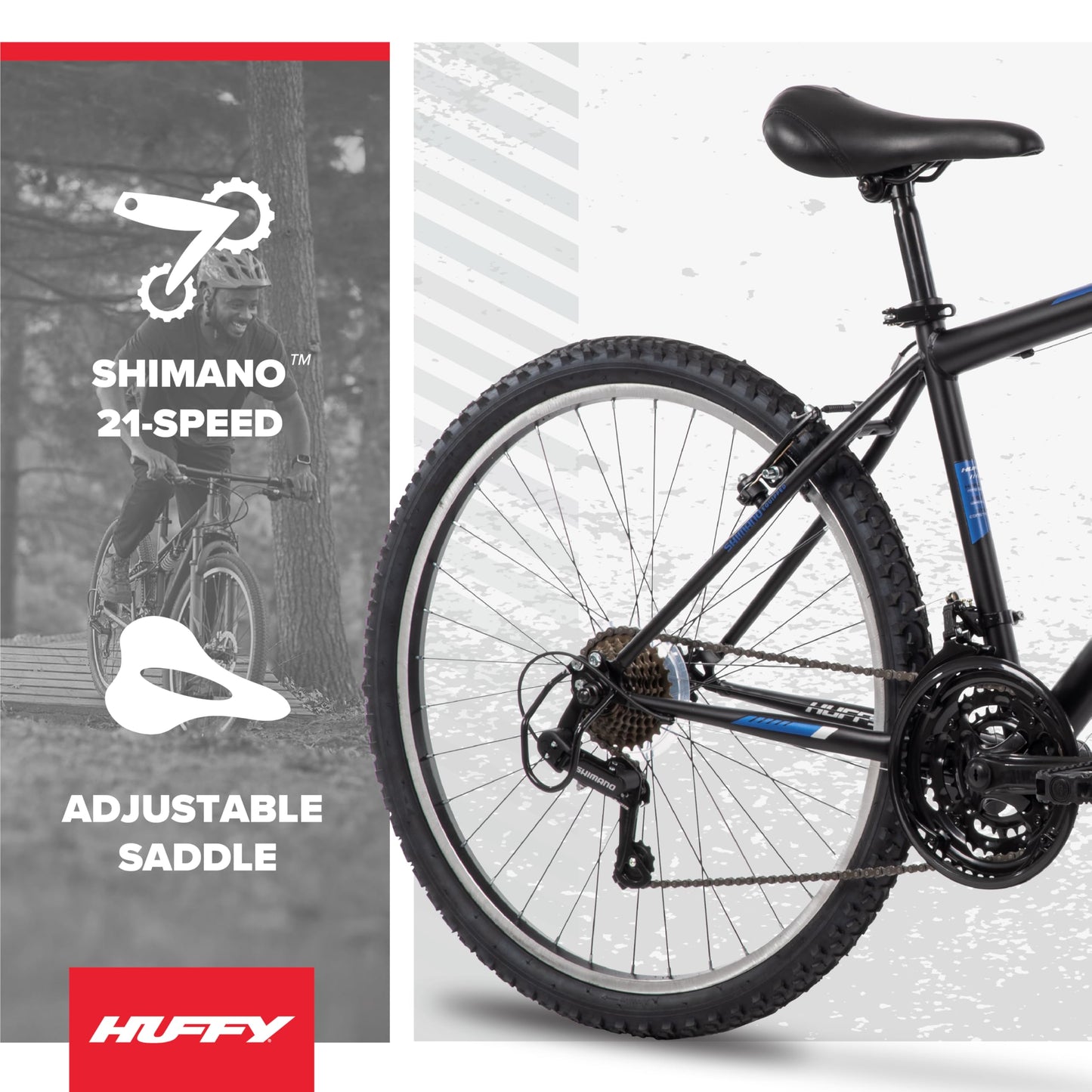 Huffy Stone Mountain Mens 26 Inch Mountain Bike, Matte Black Frame, 21-Speed Shimano Twist Shifting, Front Suspension, Comfort Saddle | 20"/24"/26" Sizes, 6-21 Speeds, Dual Suspension Available |