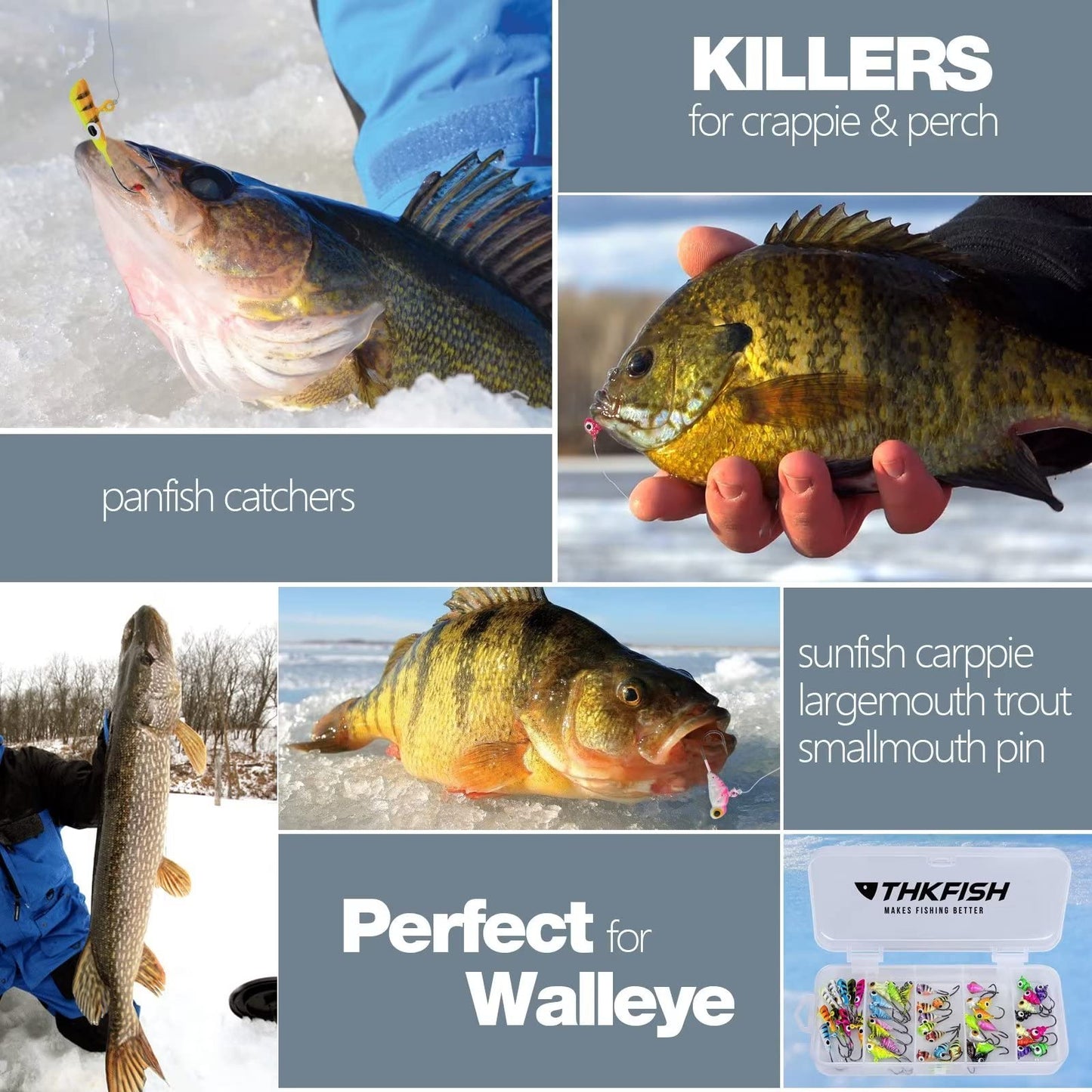THKFISH Ice Fishing Jigs Kit Ice Fishing Lures for Walleye Perch Jigs Heads for Ice Fishing Tackle Panfish Crappie Jigs 50PCS/31PCS