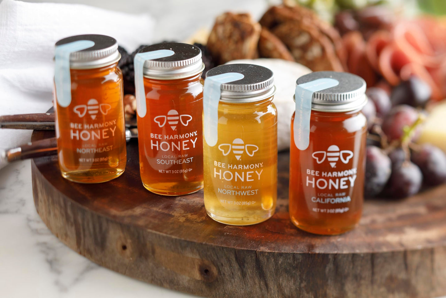 Bee Harmony Classic Honey Flight, Mini Honey Gift Set, 4 Jars, 3 OZ Each, Premium, Raw, Made in the USA