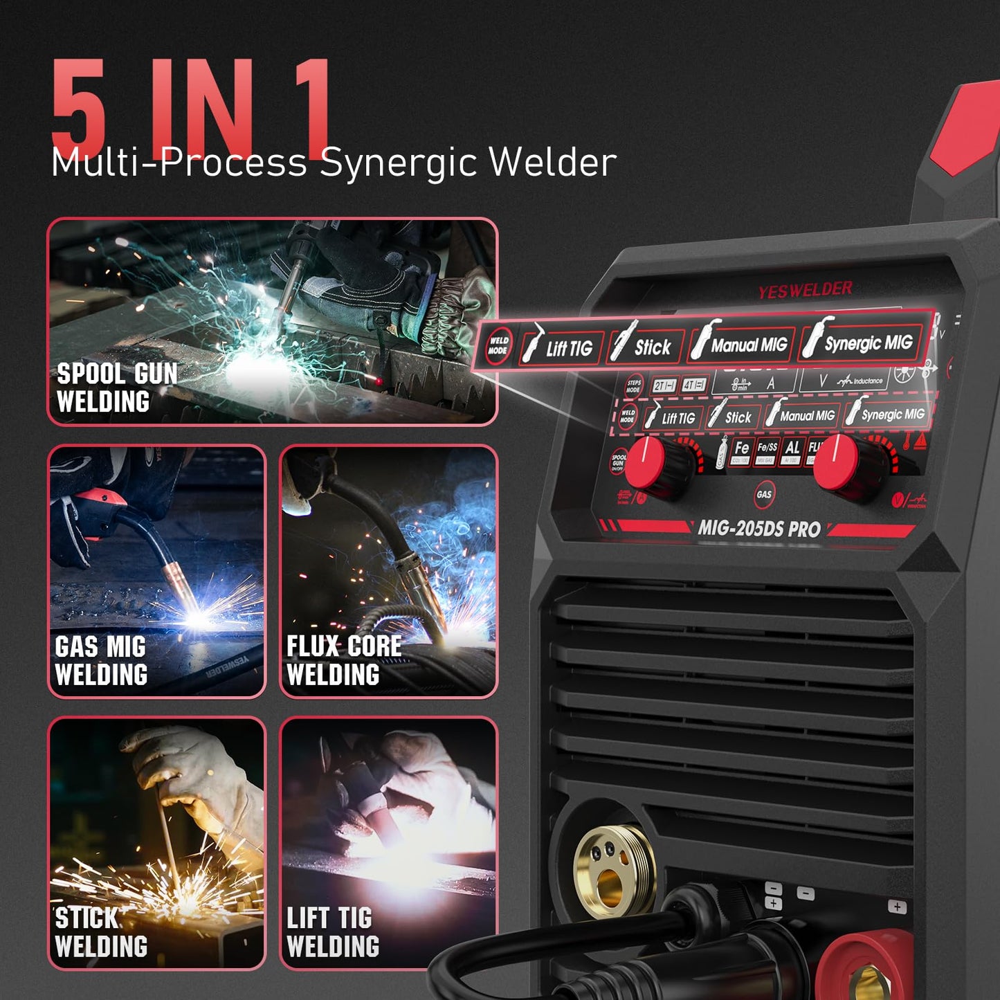 YESWELDER MIG-205DS PRO MIG Welder, 200Amp 110/220V Dual Voltage MIG Welding Machine, 5 in 1 Gas MIG/Flux Core MIG/Spool Gun MIG/Lift TIG/Stick Multiprocess Aluminum MIG Welder, Spool Gun Compatible