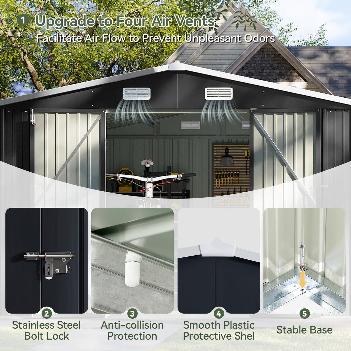 Aoxun 12x10 FT Shed Metal Outdoor Waterproof Storage Shed Steel Utility Garden Tool Shed with Door & Lock Outdoor Storage for Garden Patio Lawn Poolside, Brown