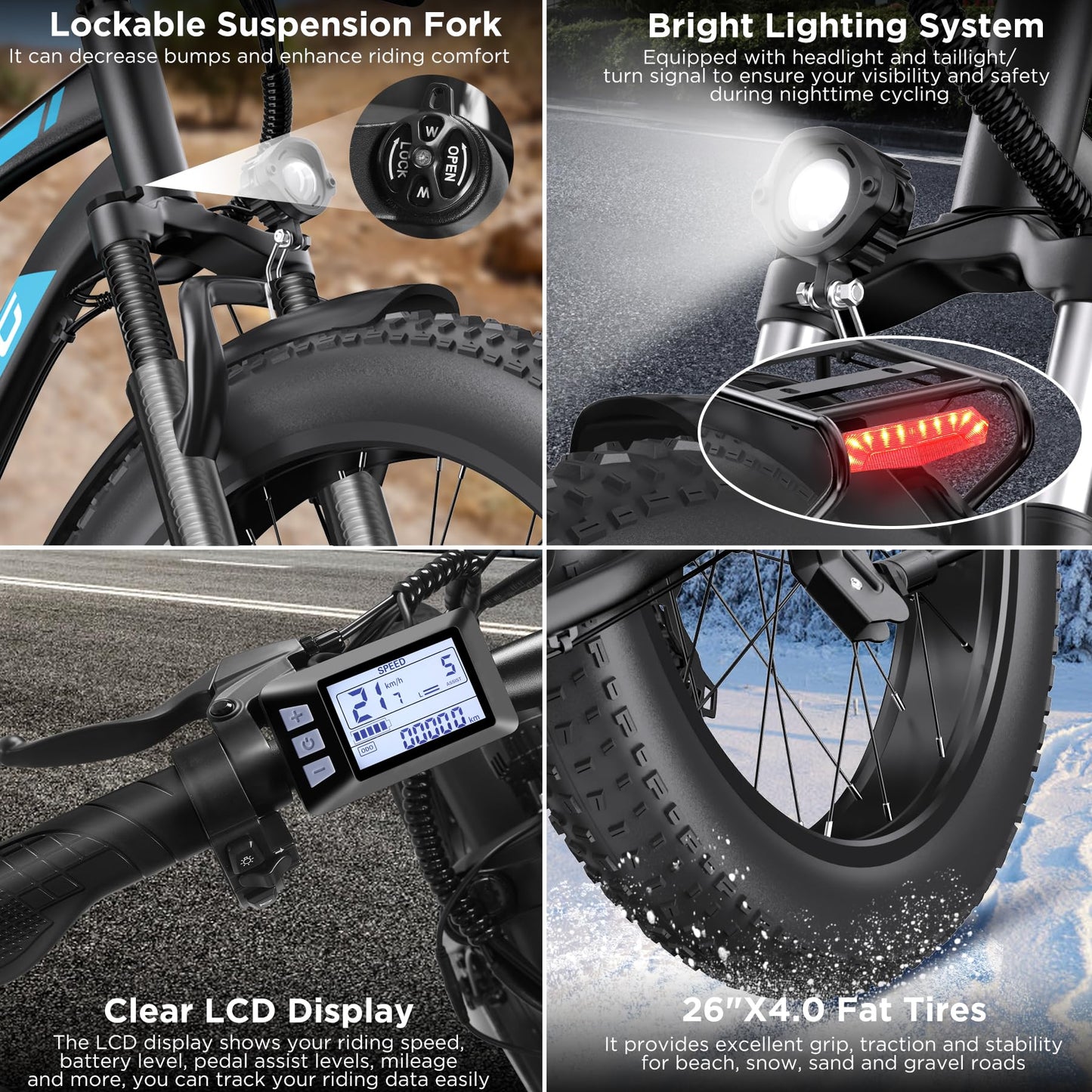 Electric Bike for Adults, 1000W Peak Ebike, 25MPH 60Miles Electric Mountain Bike, 26" Fat Tire Electric Bicycle with 48V 13AH Battery, Rear Rack, Turn Signal, Lockable Suspension Fork,7 Speed