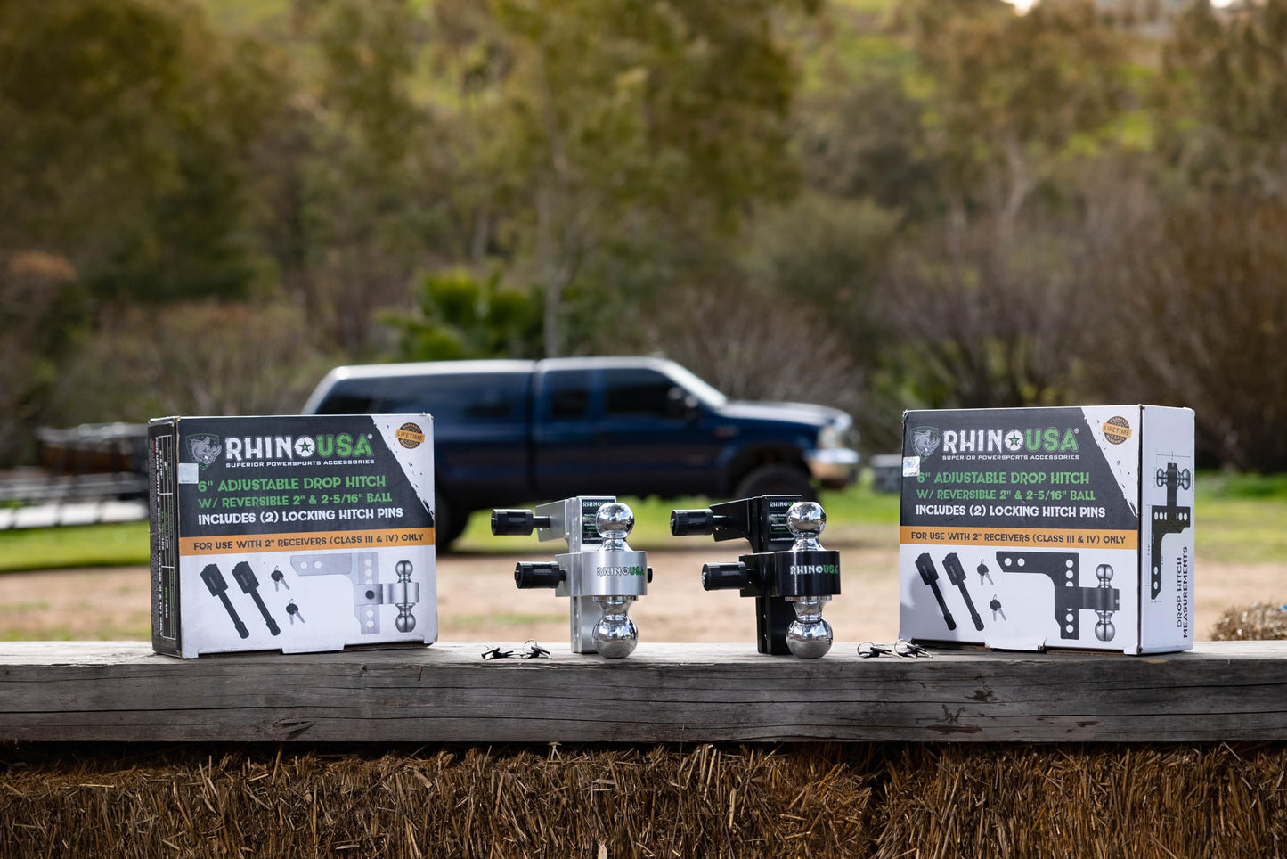 Rhino USA Adjustable Trailer Hitch (Fits 2-Inch Receiver) - Heavy Duty Aluminum Tow Hitches with 6-Inch Drop/Rise for Truck (12,500 LBS GTW) - Weatherproof Double Anti-Theft Locking Hitch Pins (Black)