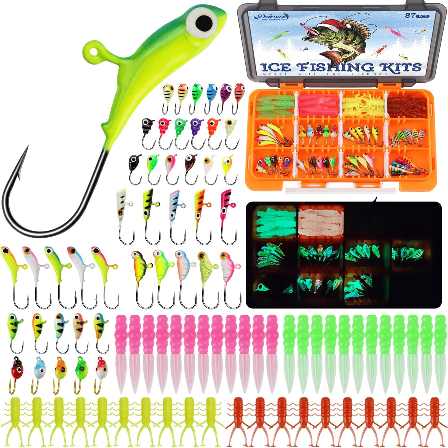 Dovesun Ice Fishing Jigs Kit, Ice Fishing Lures Glow in The Dark Ice Jigs | Soft Baits Ice Fishing Jig Heads Walleye Crappie Jigs Set 20-93Pcs