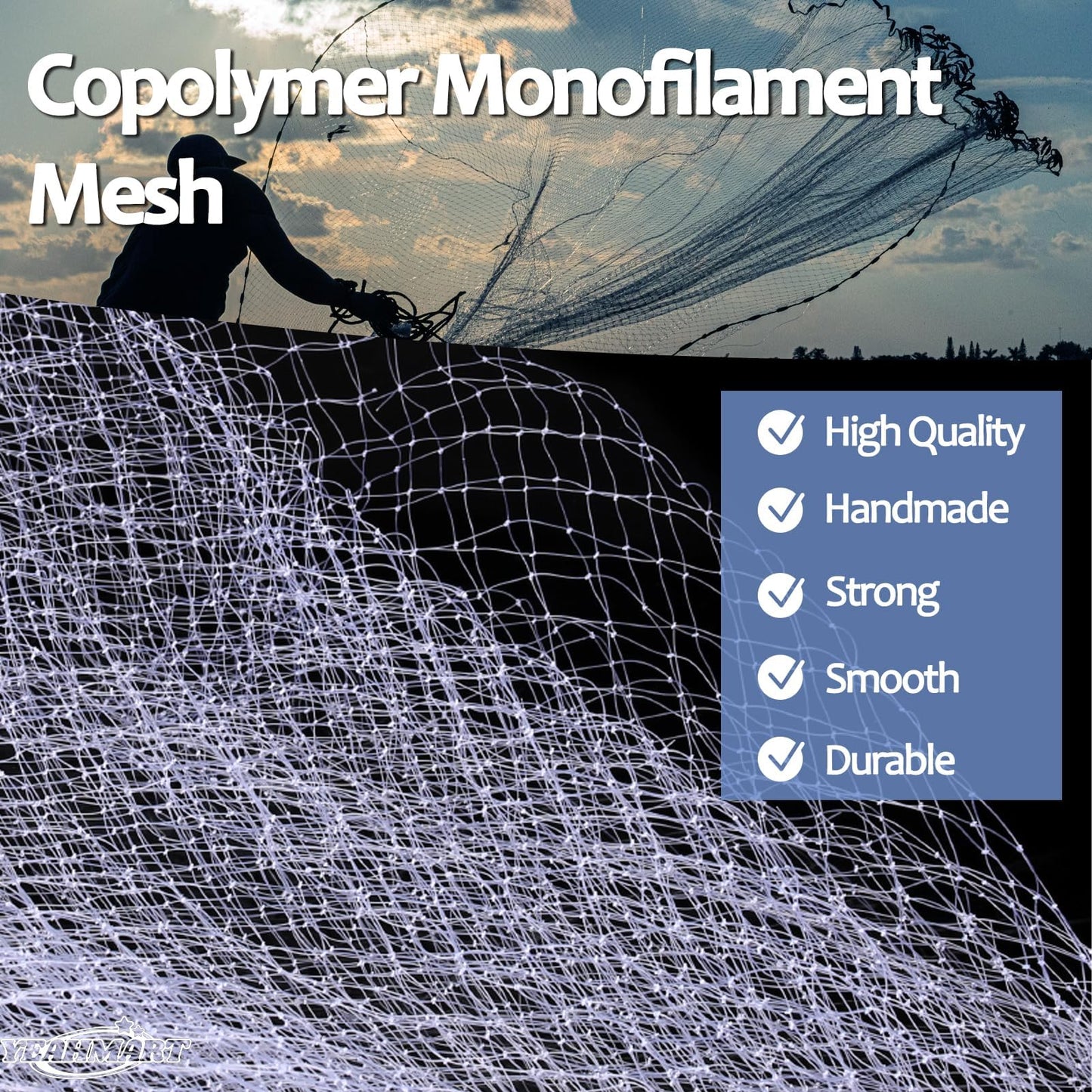Yeahmart American Saltwater Fishing Cast Net for Bait Trap Fish 3ft/4ft/5ft/6ft/7ft/8ft/9ft/10ft Radius Casting Nets with Heavy Duty Real Zinc Sinker Weights, 3/8inch Mesh Size