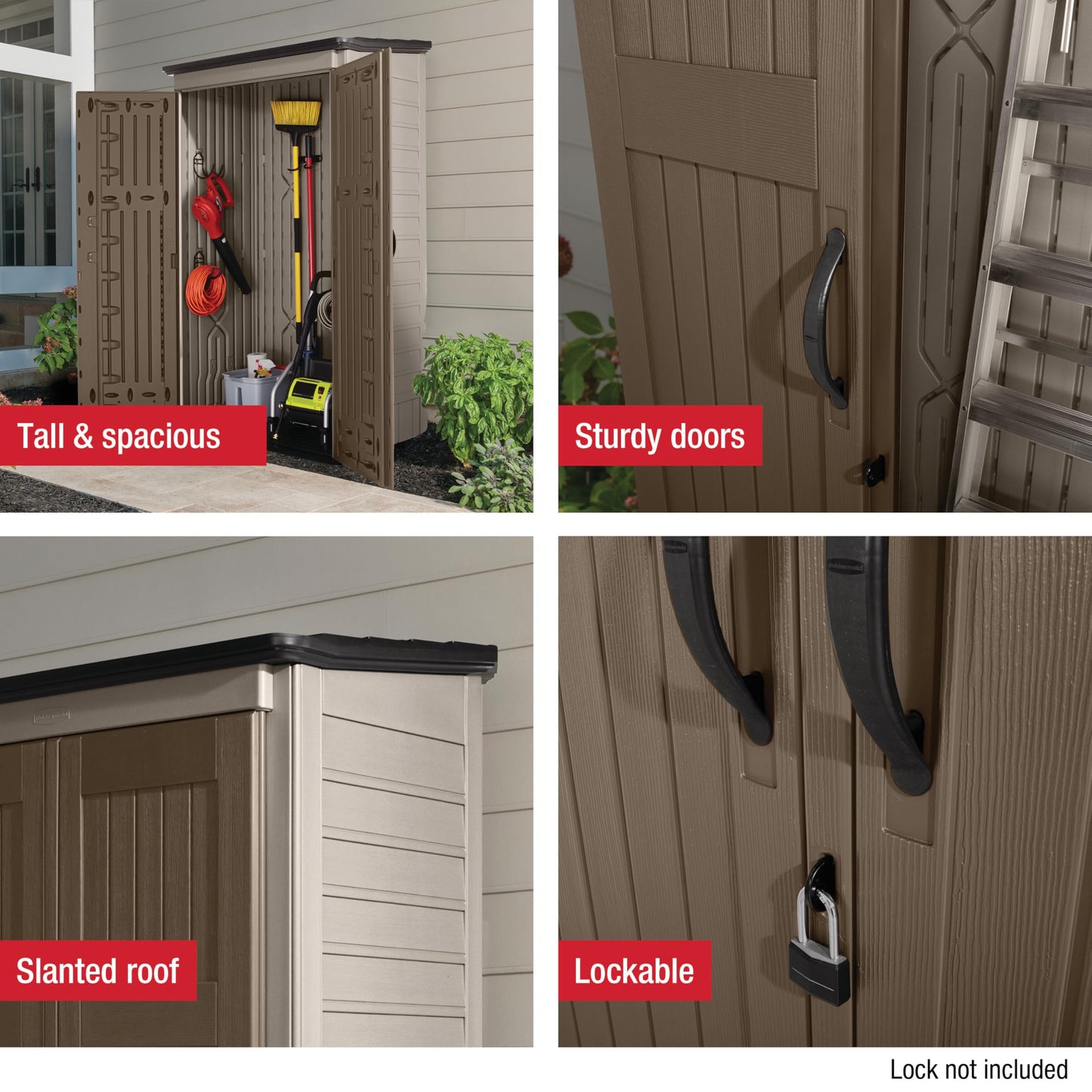 Rubbermaid Vertical Resin Outdoor Storage Shed With Floor (4 x 2.5 Ft) Weather Resistant Brown Organization for Home/Backyard/Garden Tools/Porch/Patio Cushions/Pool Chemicals/Toys