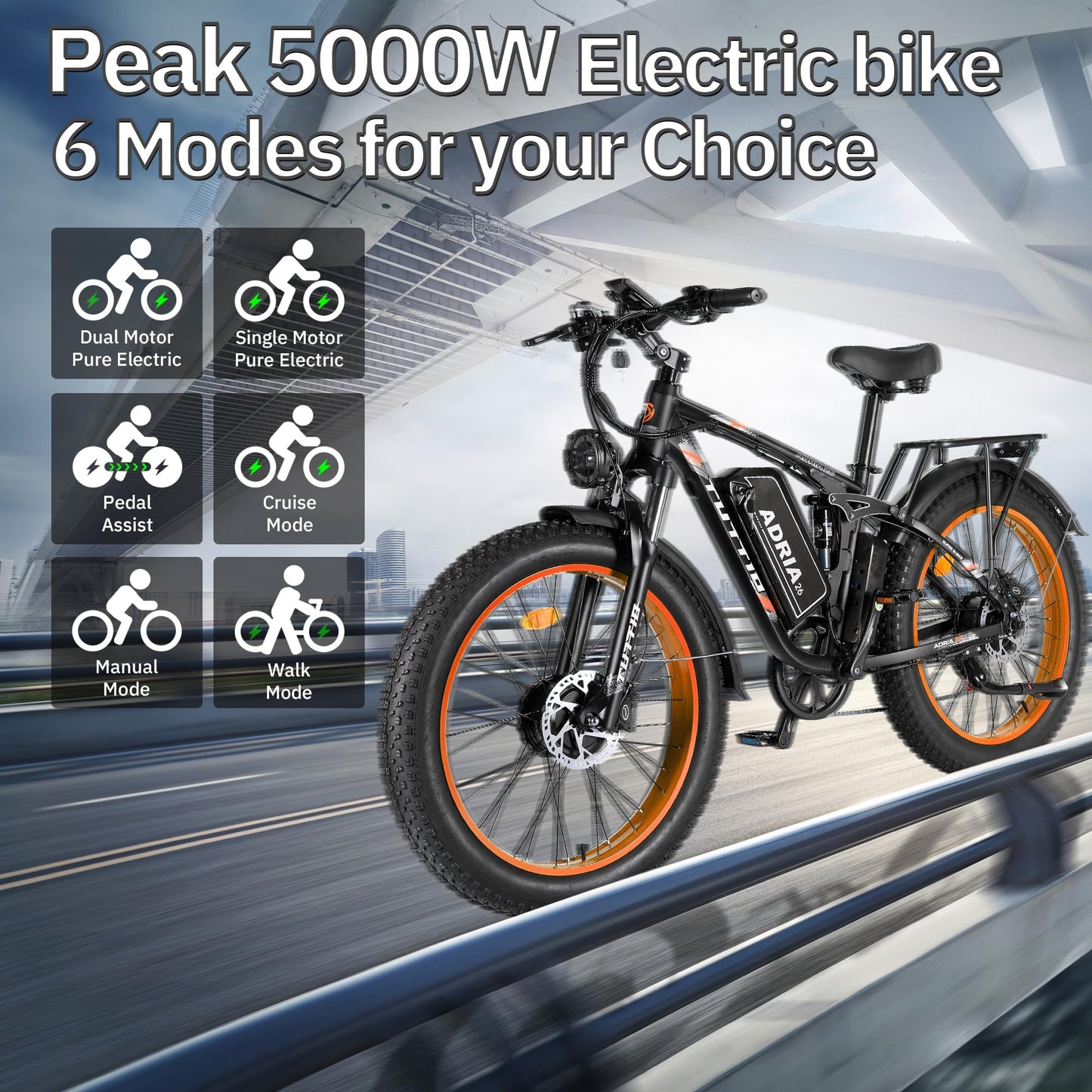 Peak 5000W-Electric-Bike for Adults-Men, Dual-Motor-Ebike 40-46MPH-Hunting-Ebike, 52V 30AH Long Range Dirtbike, 26" Fat-Tire-Electric-Bicycle, Full Suspension Mountain Bike for Off-Road Snow Sand