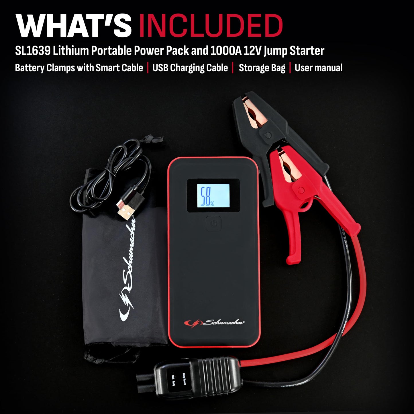 Schumacher Electric 1000 Peak Amp 12V Portable Lithium Car Battery Jump Starter & Power Pack - Lithium Ion Jump Box - with USB Charging & LED Emergency Light - SL1639