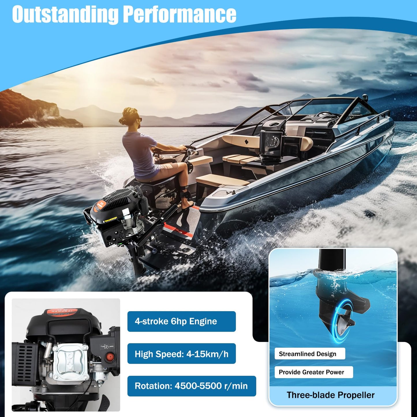 52cc Single Cylinder Gas 2.3HP Outboard Motor, Long Shaft with Air Cooling for Inflatable, Rubber, Fishing Boats, Yachts, Water Sports