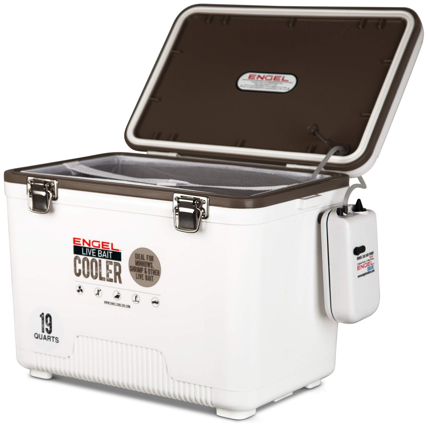 Engel Live Bait Cooler Box with 2nd Gen 2-Speed Aerator Pump - Portable Fishing Station & Minnow Bucket for Shrimp & Other Live Fish with Aerator - ENGLBC-N
