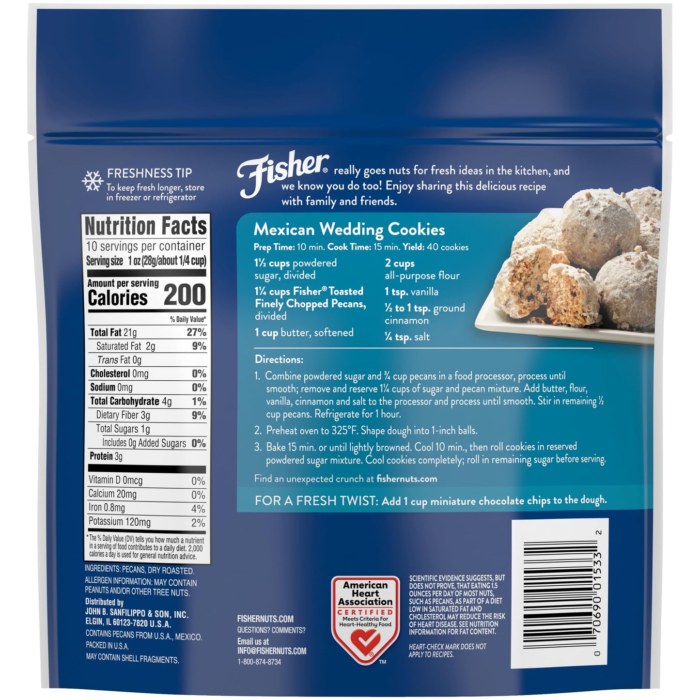 Fisher Chef's Naturals Pecan Halves 24 oz Resealable Bag, Unsalted Raw Nuts for Cooking, Baking & Snacking, Healthy Snacks for Adults, Vegan Protein, Keto Snack, Gluten Free Raw Pecans Halves