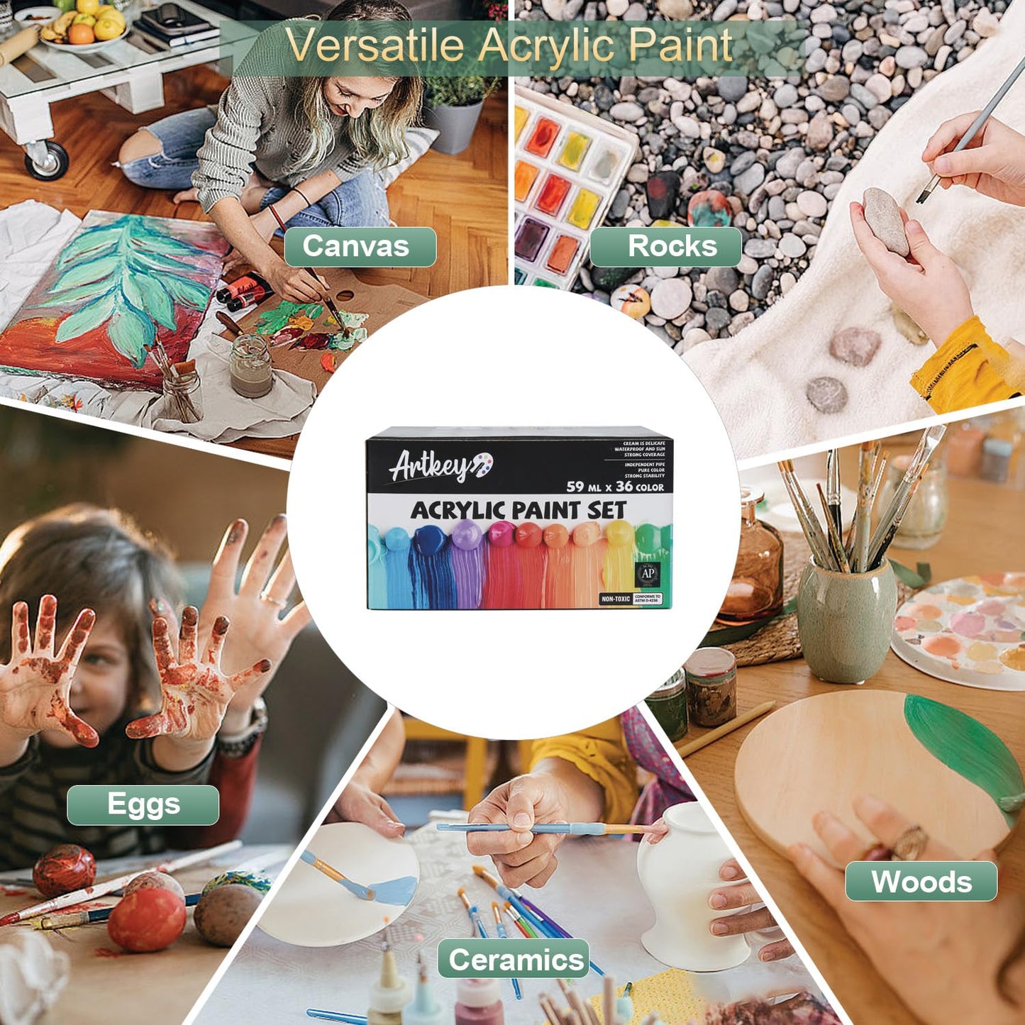 Artkey Acrylic Paint Set - 24 colors 2 oz/59 ml Acrylic Paints Professional Artists Painting Kit for Canvases Fabric Rock Leather Easter Egg Wood Ceramic Glass Art Craft Painting