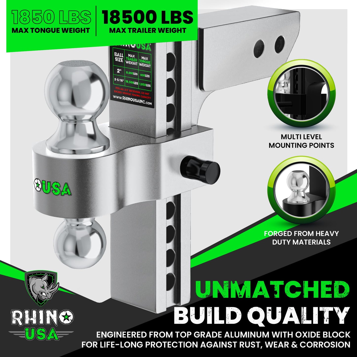 Rhino USA Adjustable Trailer Hitch (Fits 2-Inch Receiver) - Heavy Duty Aluminum Tow Hitches with 6-Inch Drop/Rise for Truck (12,500 LBS GTW) - Weatherproof Double Anti-Theft Locking Hitch Pins (Black)