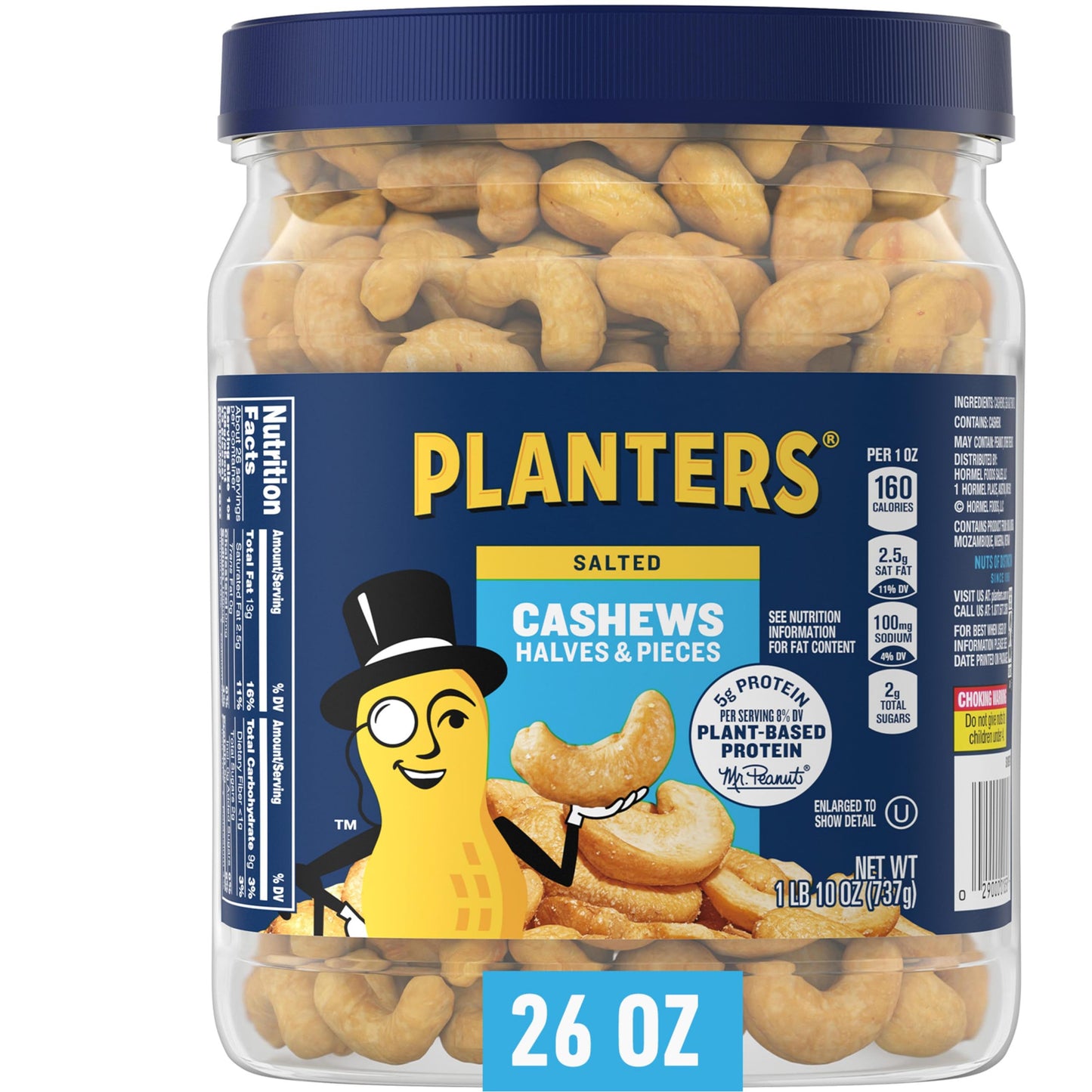 PLANTERS Fancy Whole Cashews with Sea Salt, 26 Ounces ( Pack of 1) Resealable Jar - Made with Simple Ingredients - Good Source of Vitamins and Minerals - Kosher (Packaging May Vary)