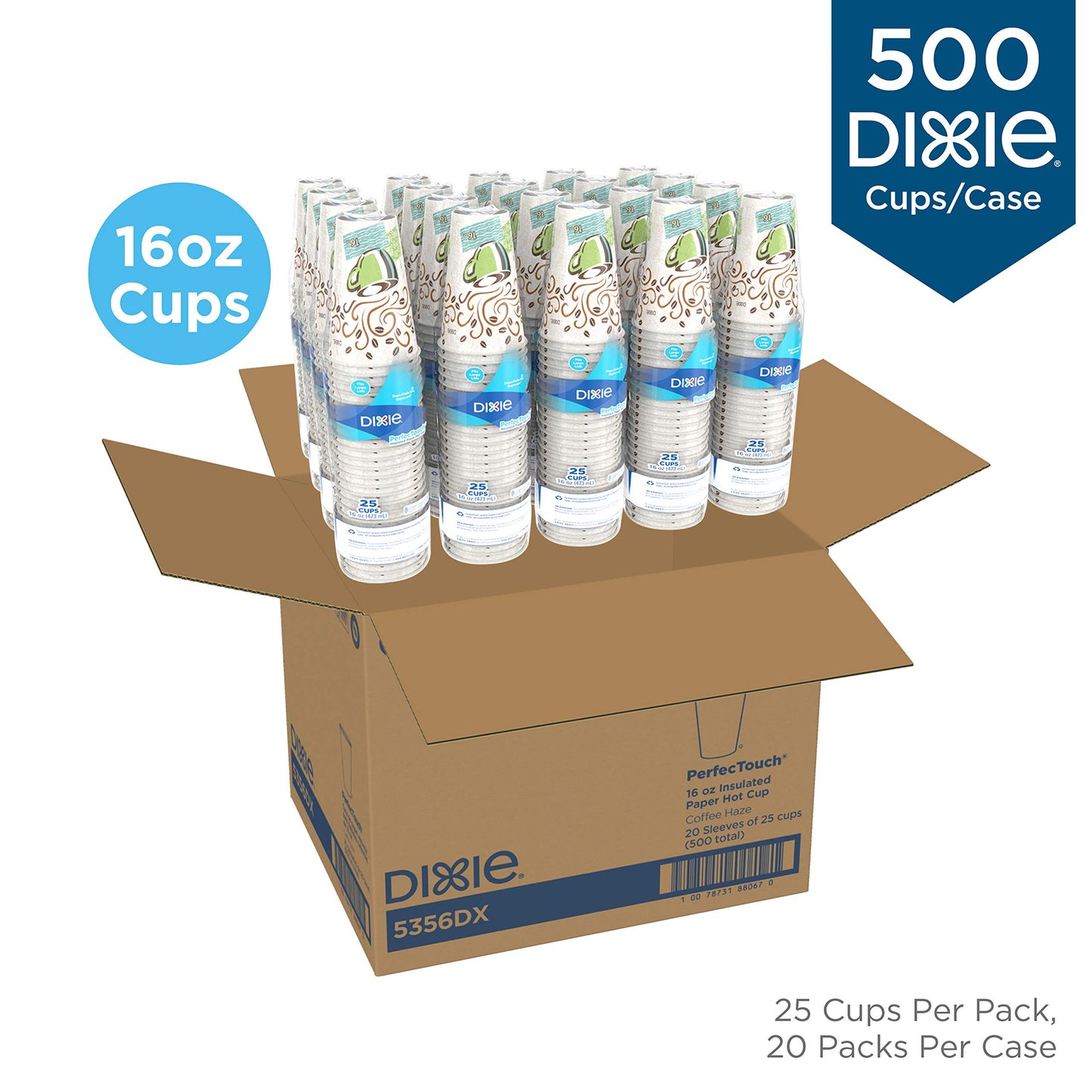 Dixie PerfecTouch 12 oz Paper Coffee Cups By GP PRO, Coffee Haze Design, 500 Count (25 Disposable Cups Per Sleeve, 20 Sleeves Per Case), 5342DX