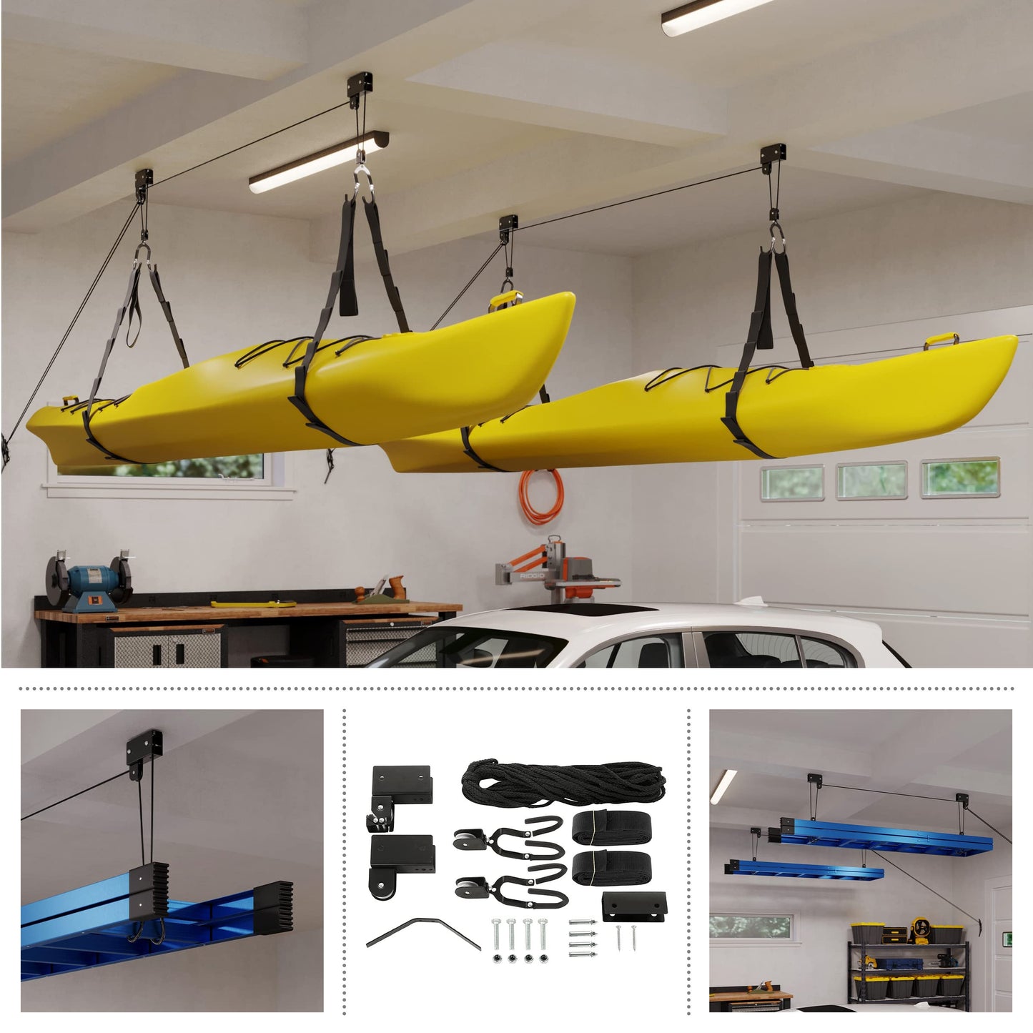 Kayak Storage Hoist - Overhead Pulley System with 125lb Capacity for Canoes, Bikes, Ladders, and More - for up to 12-Foot Ceilings
