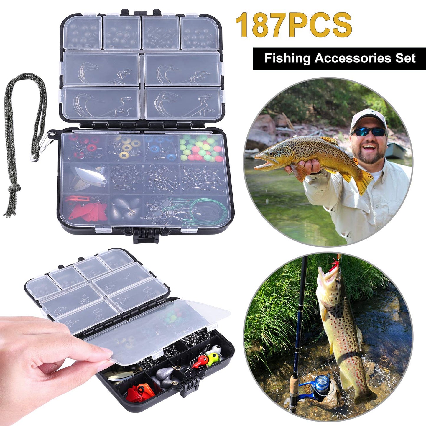 TOPFORT 187/343pcs Fishing Accessories Kit, Organized Fishing Tackle Box with Tackle Included, Fishing Hooks, Fishing Weights Sinkers, Fishing Gear and Equipment, Fishing Gift for Men