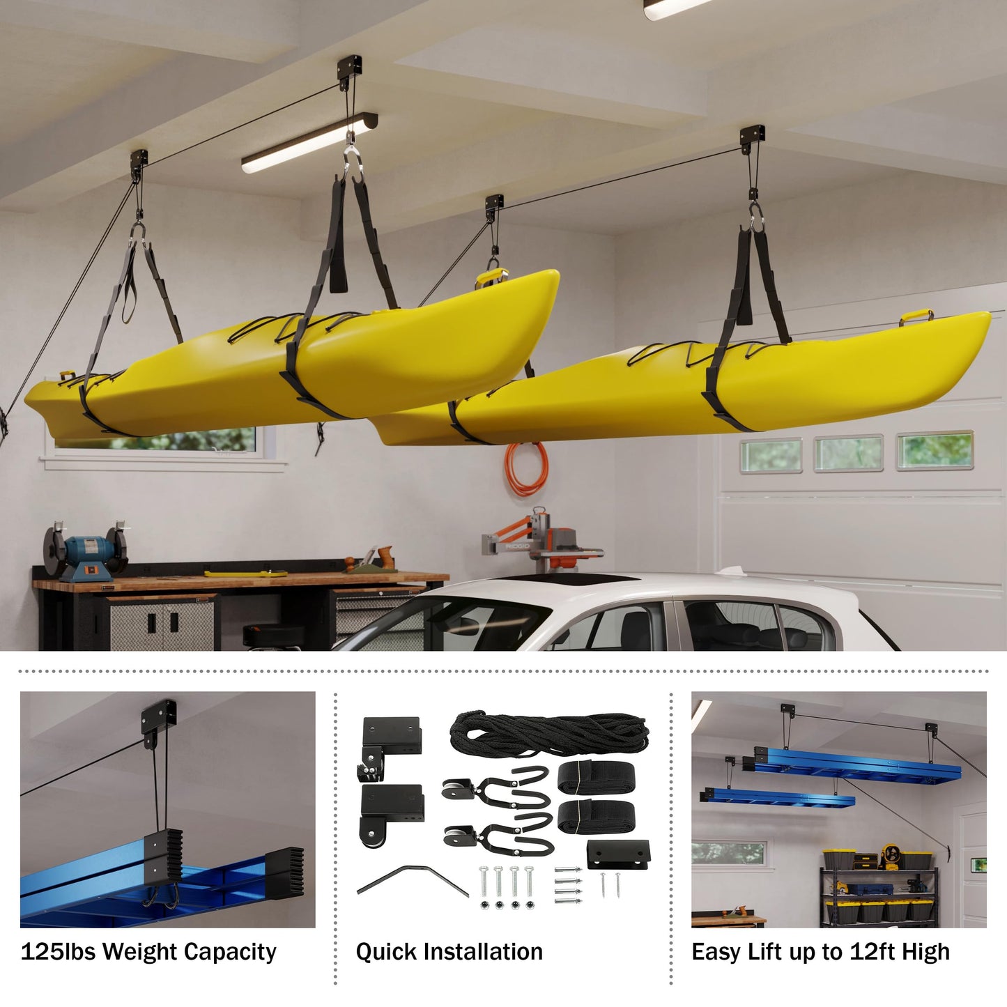 Kayak Storage Hoist - Overhead Pulley System with 125lb Capacity for Canoes, Bikes, Ladders, and More - for up to 12-Foot Ceilings