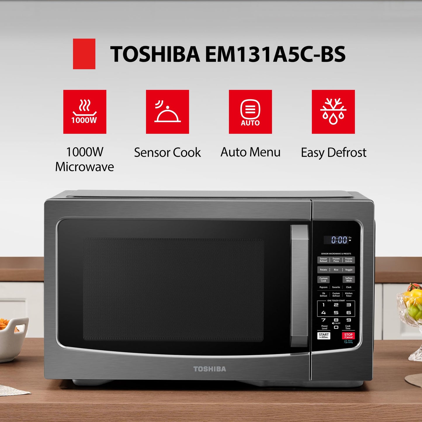 TOSHIBA ML-EM45PIT(BS) Countertop Microwave Oven with Inverter Technology, Kitchen Essentials, Smart Sensor, Auto Defrost, 1.6 Cu.ft, 13.6" Removable Turntable, 33lb.&1250W, Black Stainless Steel