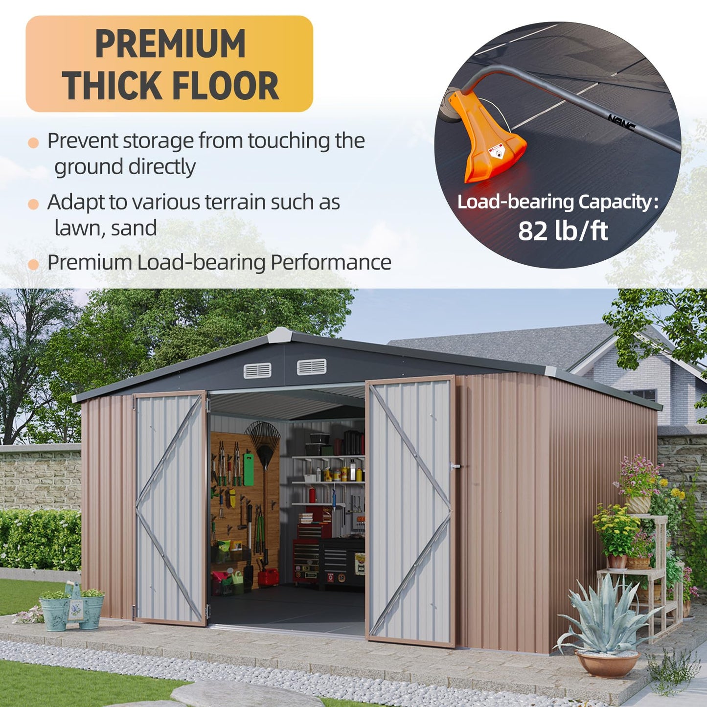 Aoxun 12x10 FT Shed Metal Outdoor Waterproof Storage Shed Steel Utility Garden Tool Shed with Door & Lock Outdoor Storage for Garden Patio Lawn Poolside, Brown