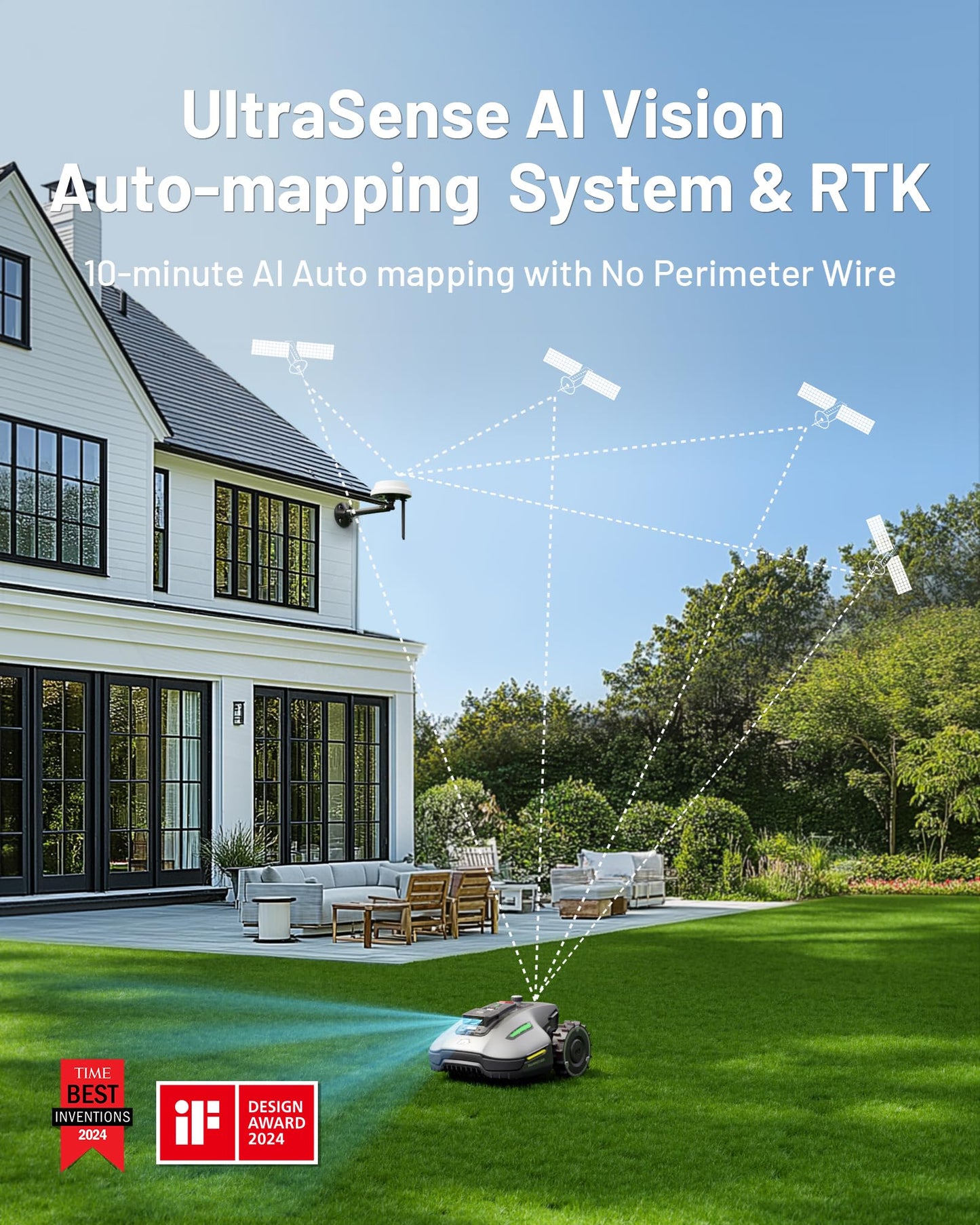 YUKA Mini 500H Robotic Lawn Mower Reception 0.12 Acre, Ultrasense AI Vision+ RTK Positioning, Auto Mapping, App Control, 50% Slope, Cutting Height 2''~3.5'', 15 Mowing Zones