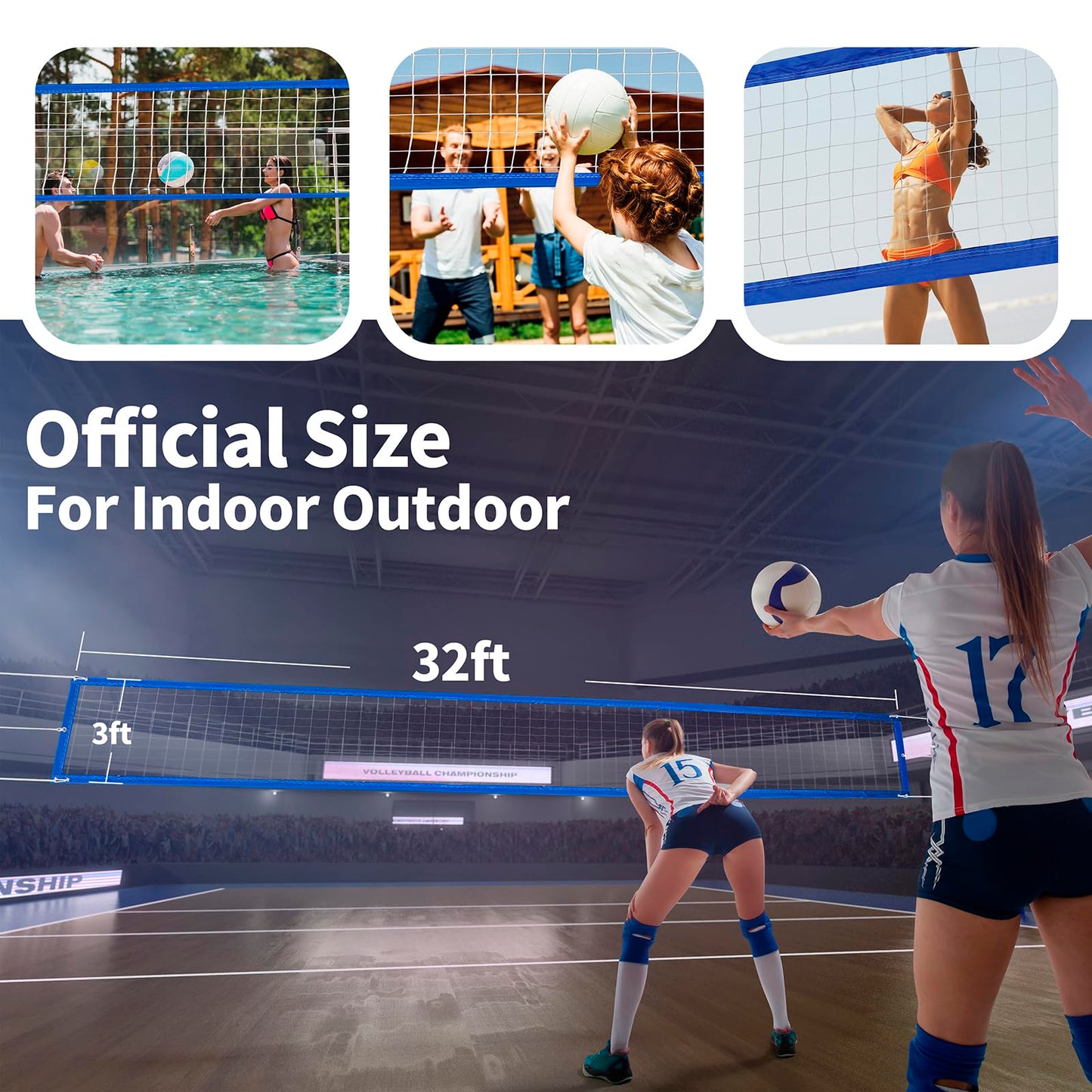 YUXUXU Professional Volleyball Net Outdoor Heavy Duty, All Weather Enhanced, Extended Stainless Steel Cable, Extra Thick Borders, for Indoor Outdoor Sports - Regulation 32x3FT, Blue (Net Only)