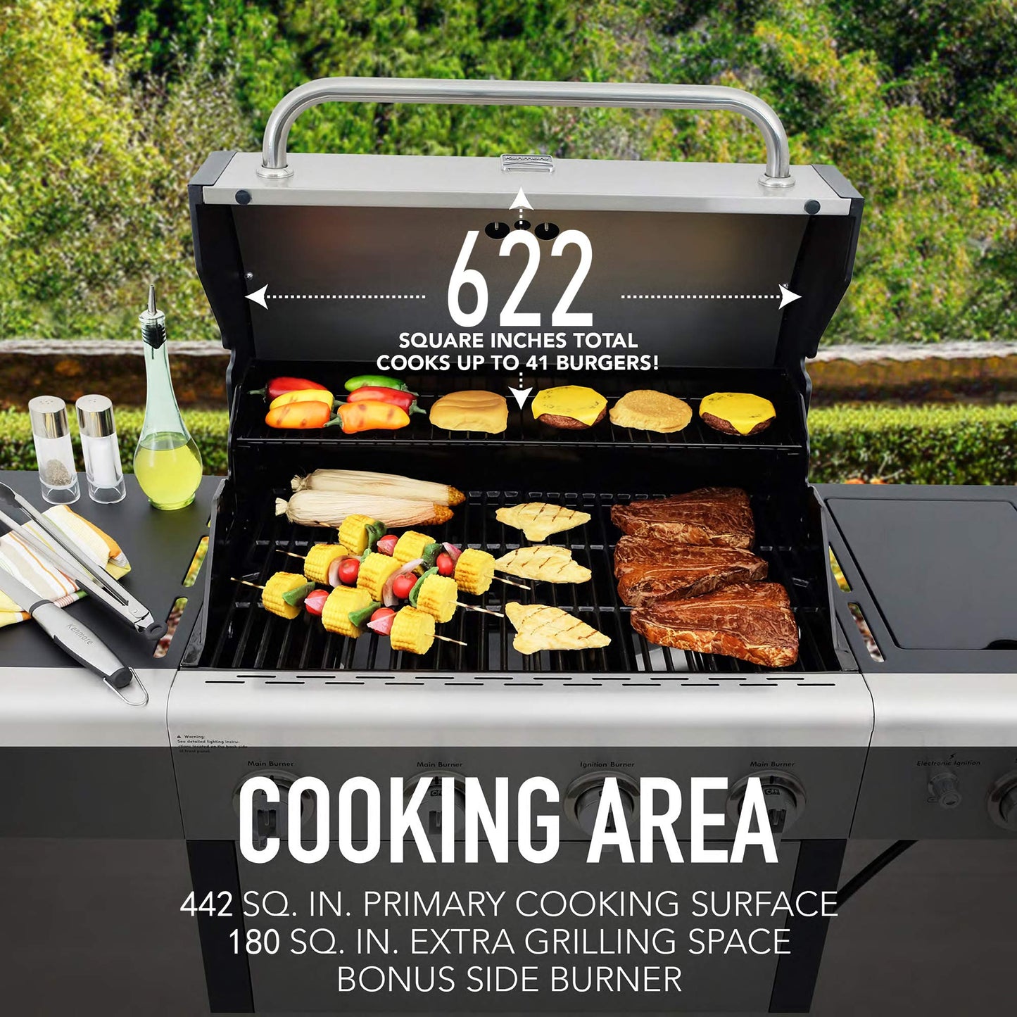 Kenmore 4-Burner Gas Grill with Side Burner, Outdoor BBQ Grill, Propane Gas Grill, Cast Iron Cooking Grates, Electronic Ignition, Warming Rack, Open Cart Design, 53000 BTUs, Stainless Steel and Black